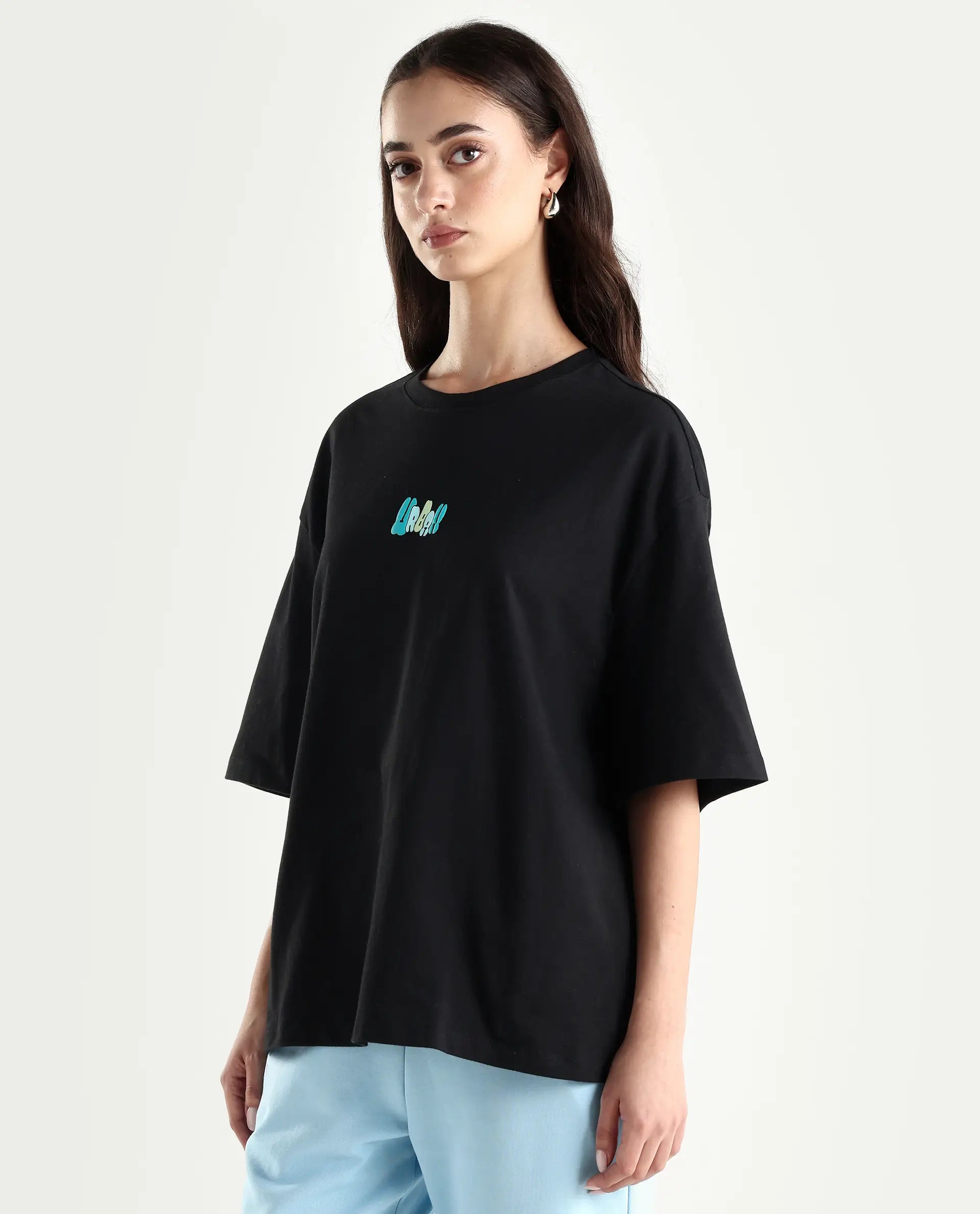 Rareism Women's Earl Black Cotton Blend Crew Neck Graphic Print Relaxed Fit T-Shirt