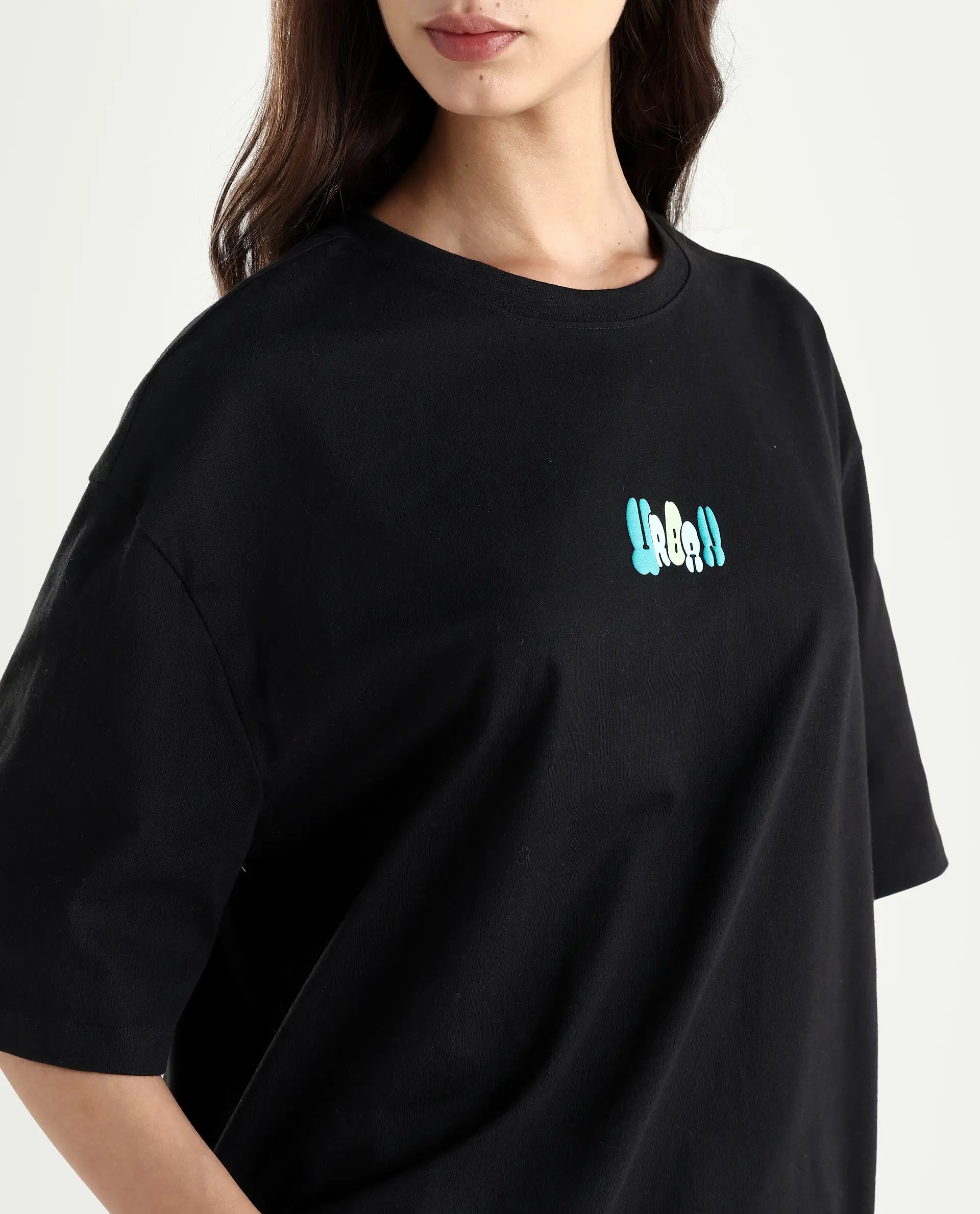 Rareism Women's Earl Black Cotton Blend Crew Neck Graphic Print Relaxed Fit T-Shirt