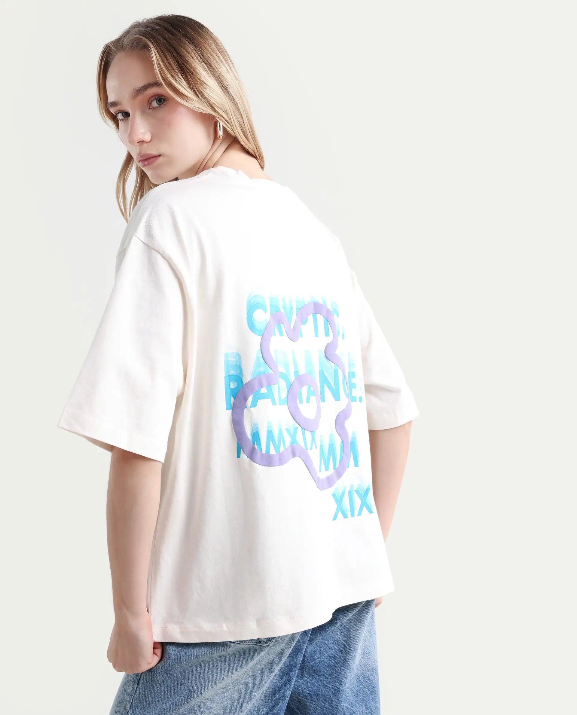 Rareism Women's Fiona Off White Cotton Blend Crew Neck Graphic Print Relaxed Fit T-Shirt