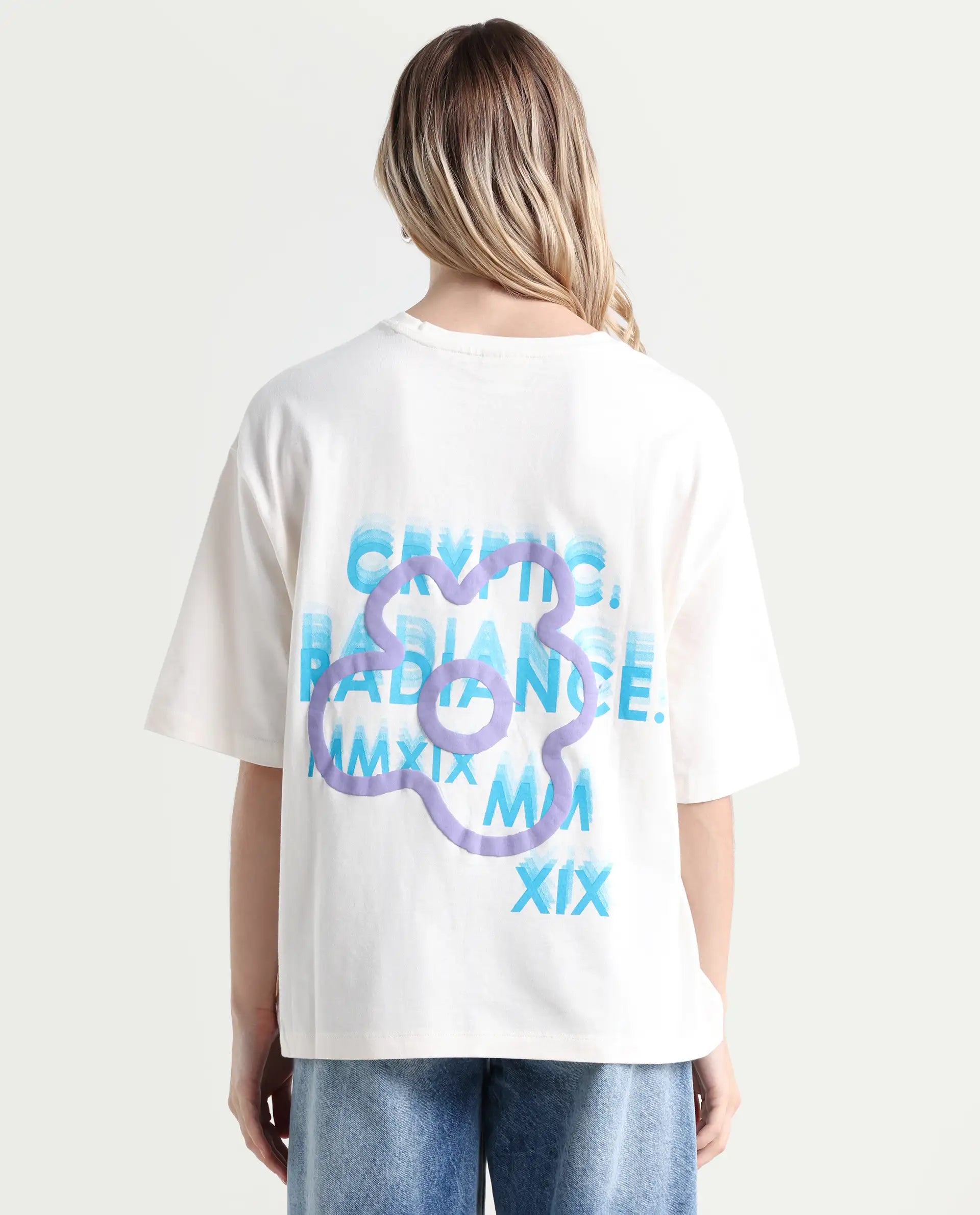 Rareism Women's Fiona Off White Cotton Blend Crew Neck Graphic Print Relaxed Fit T-Shirt