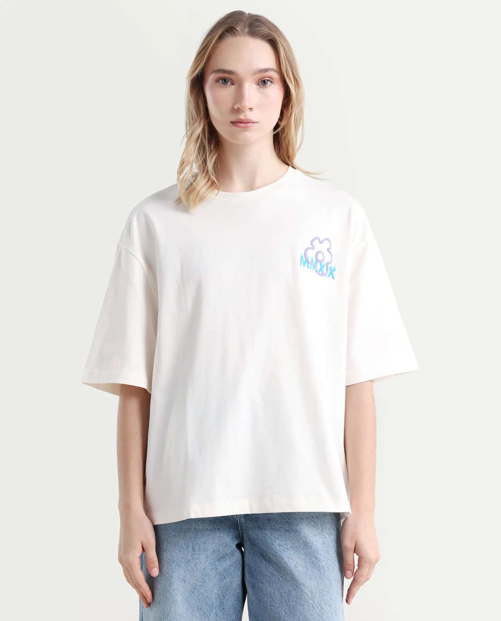 Rareism Women's Fiona Off White Cotton Blend Crew Neck Graphic Print Relaxed Fit T-Shirt