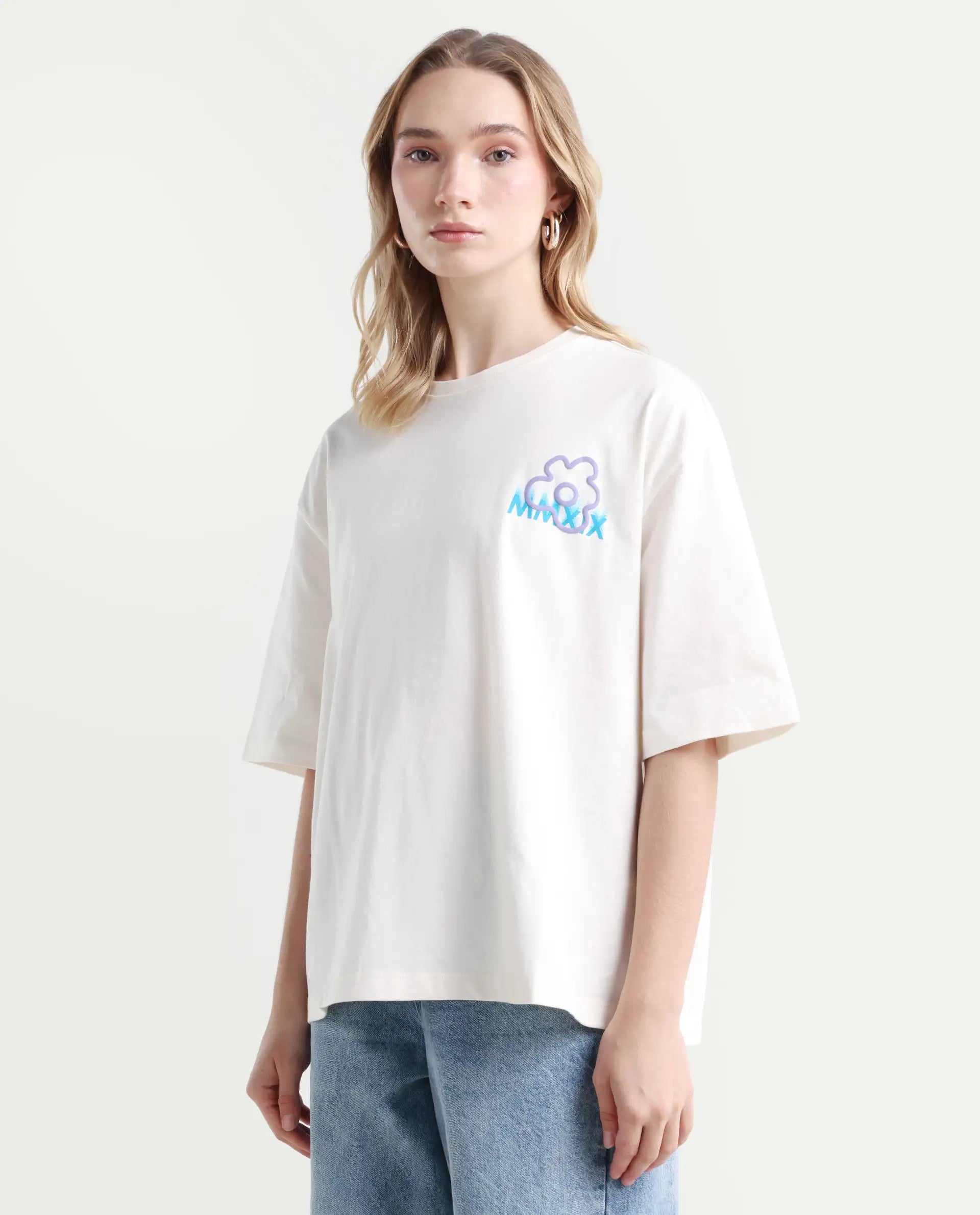 Rareism Women's Fiona Off White Cotton Blend Crew Neck Graphic Print Relaxed Fit T-Shirt