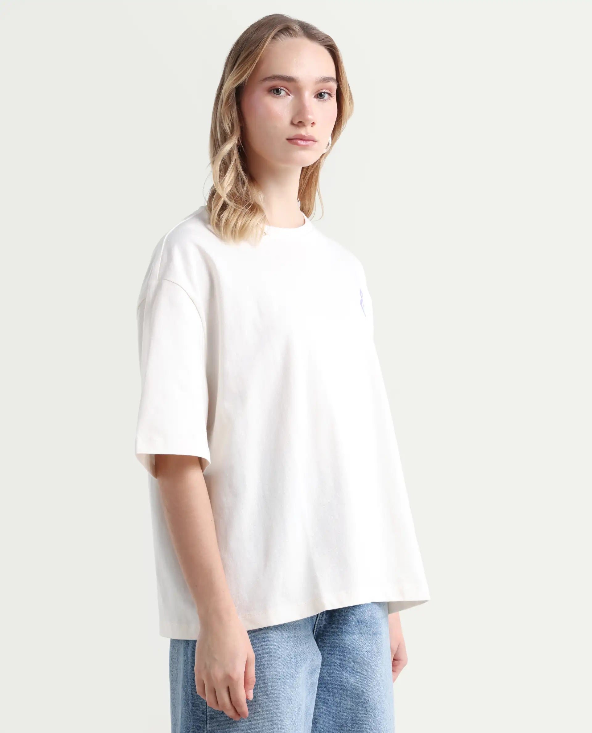 Rareism Women's Fiona Off White Cotton Blend Crew Neck Graphic Print Relaxed Fit T-Shirt