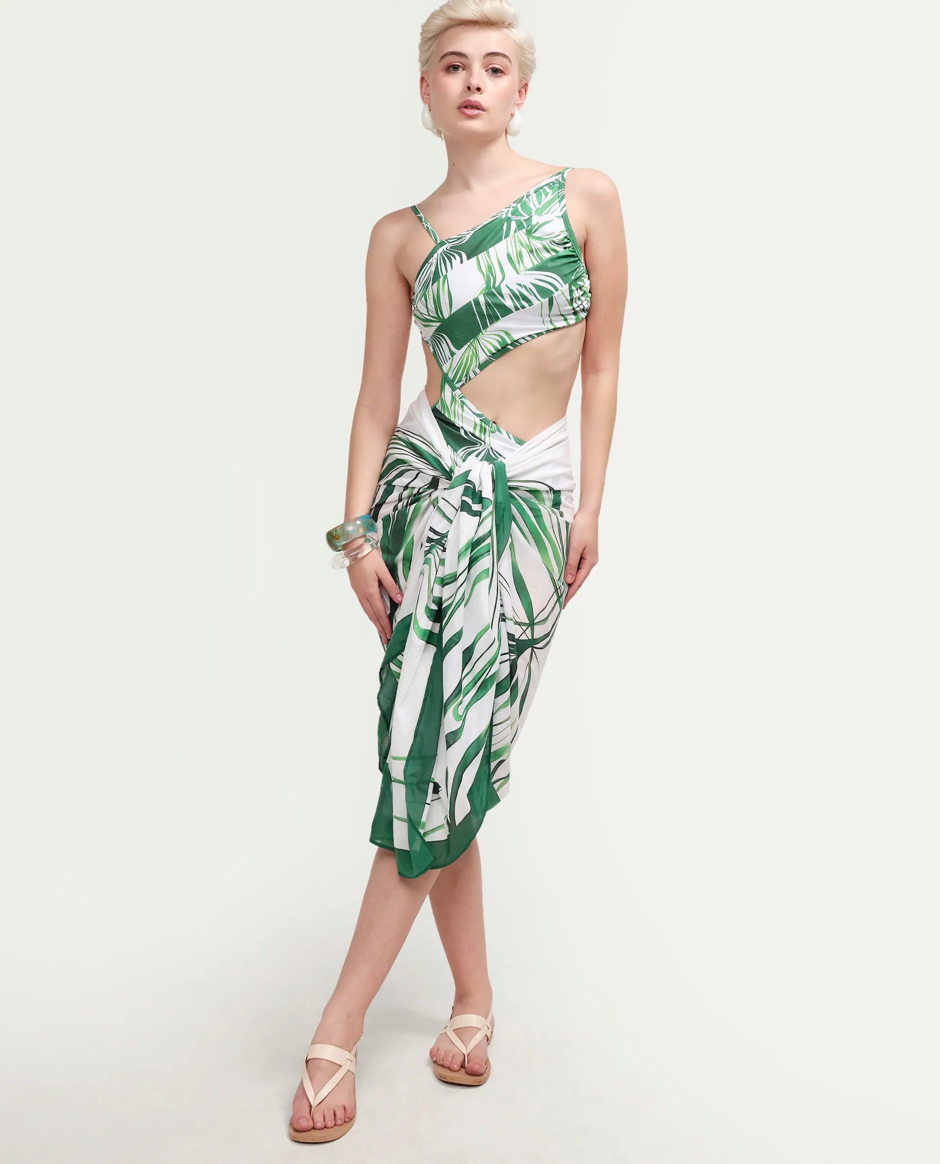 Rareism Women's Daph Green Asymmetric Neck Tropical Print Sleeveless Mini Bodysuit Swimsuit