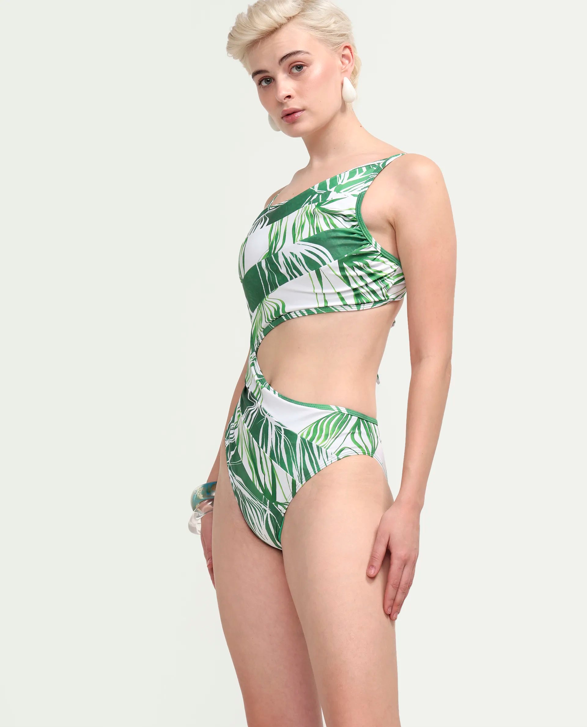 Rareism Women's Daph Green Asymmetric Neck Tropical Print Sleeveless Mini Bodysuit Swimsuit