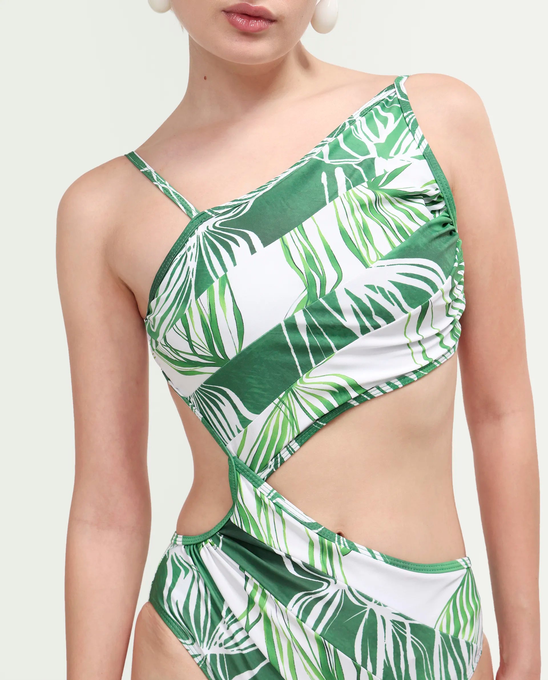 Rareism Women's Daph Green Asymmetric Neck Tropical Print Sleeveless Mini Bodysuit Swimsuit