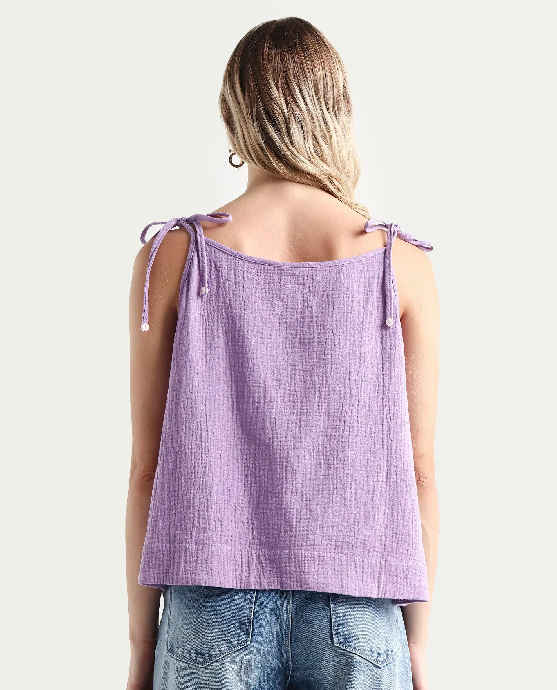 Rareism Women's Jordyn-T Pastel Purple Cotton Blend Shoulder Strap Plain Shoulder Strap Regular Fit Top