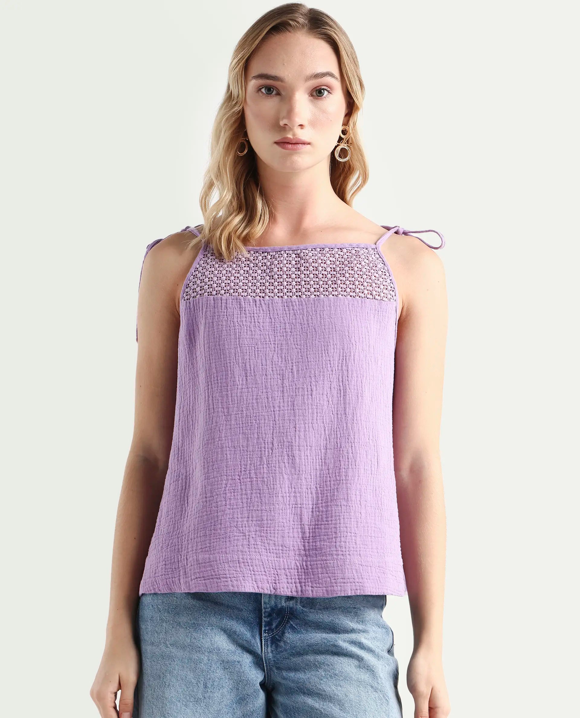 Rareism Women's Jordyn-T Pastel Purple Cotton Blend Shoulder Strap Plain Shoulder Strap Regular Fit Top