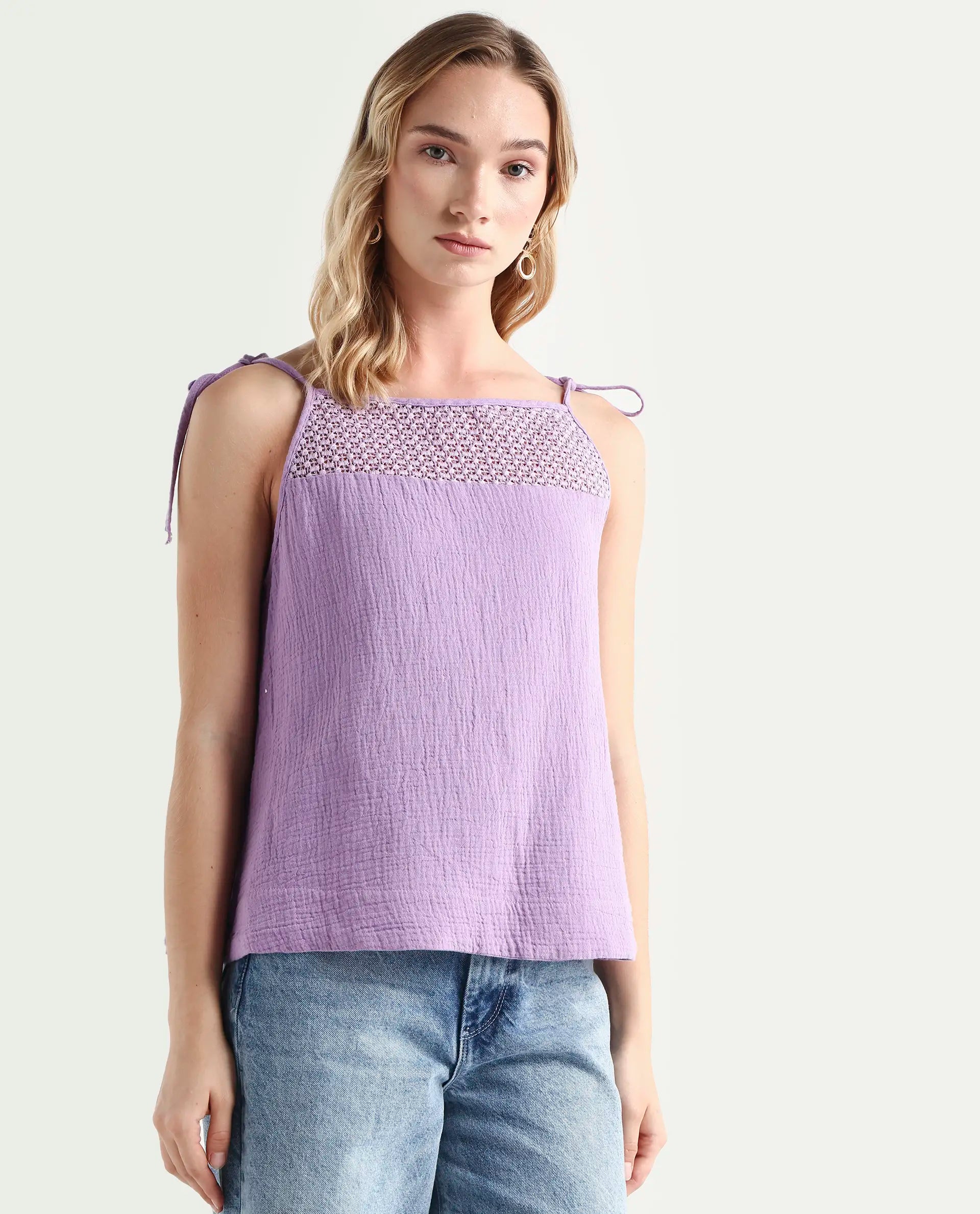 Rareism Women's Jordyn-T Pastel Purple Cotton Blend Shoulder Strap Plain Shoulder Strap Regular Fit Top