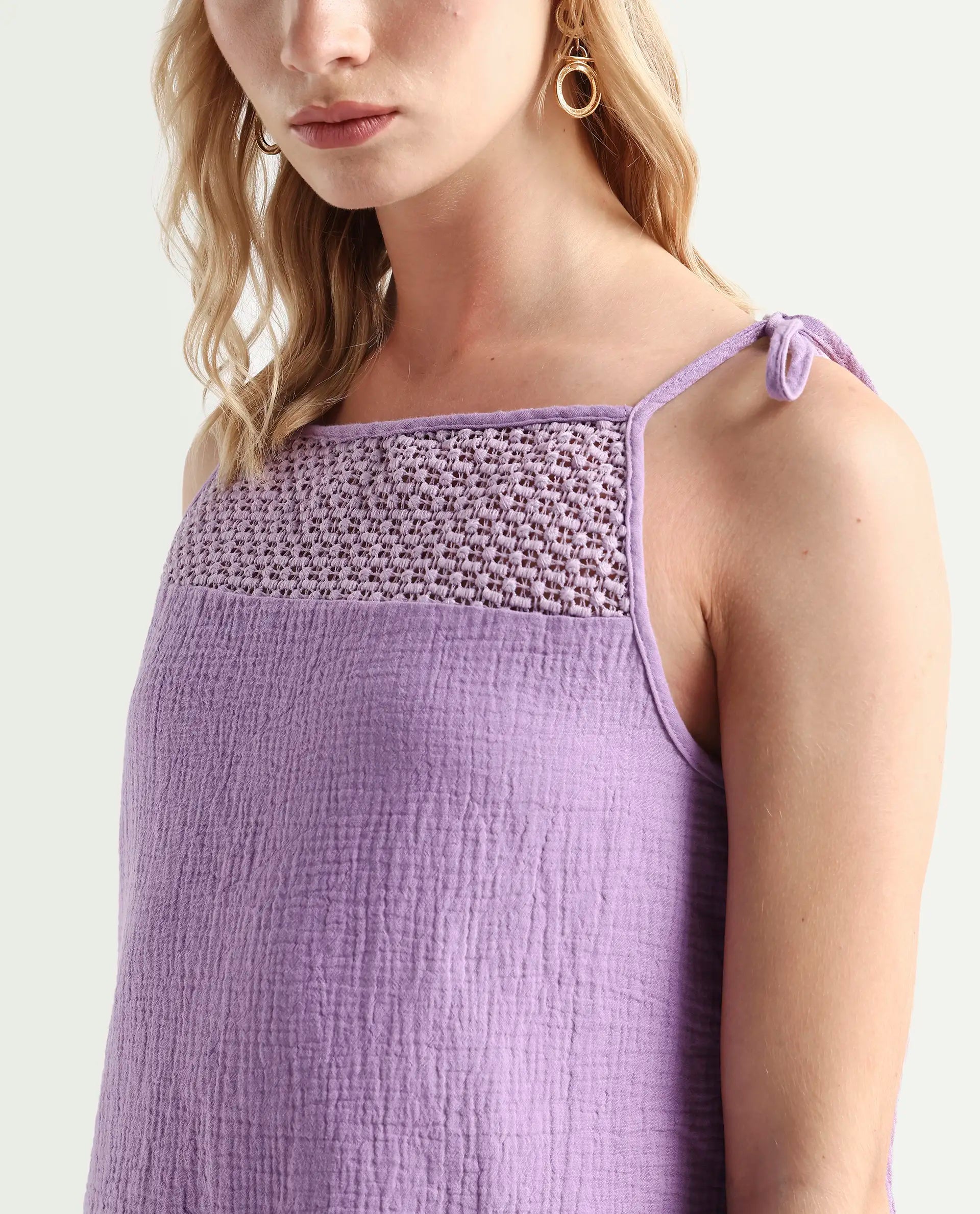 Rareism Women's Jordyn-T Pastel Purple Cotton Blend Shoulder Strap Plain Shoulder Strap Regular Fit Top