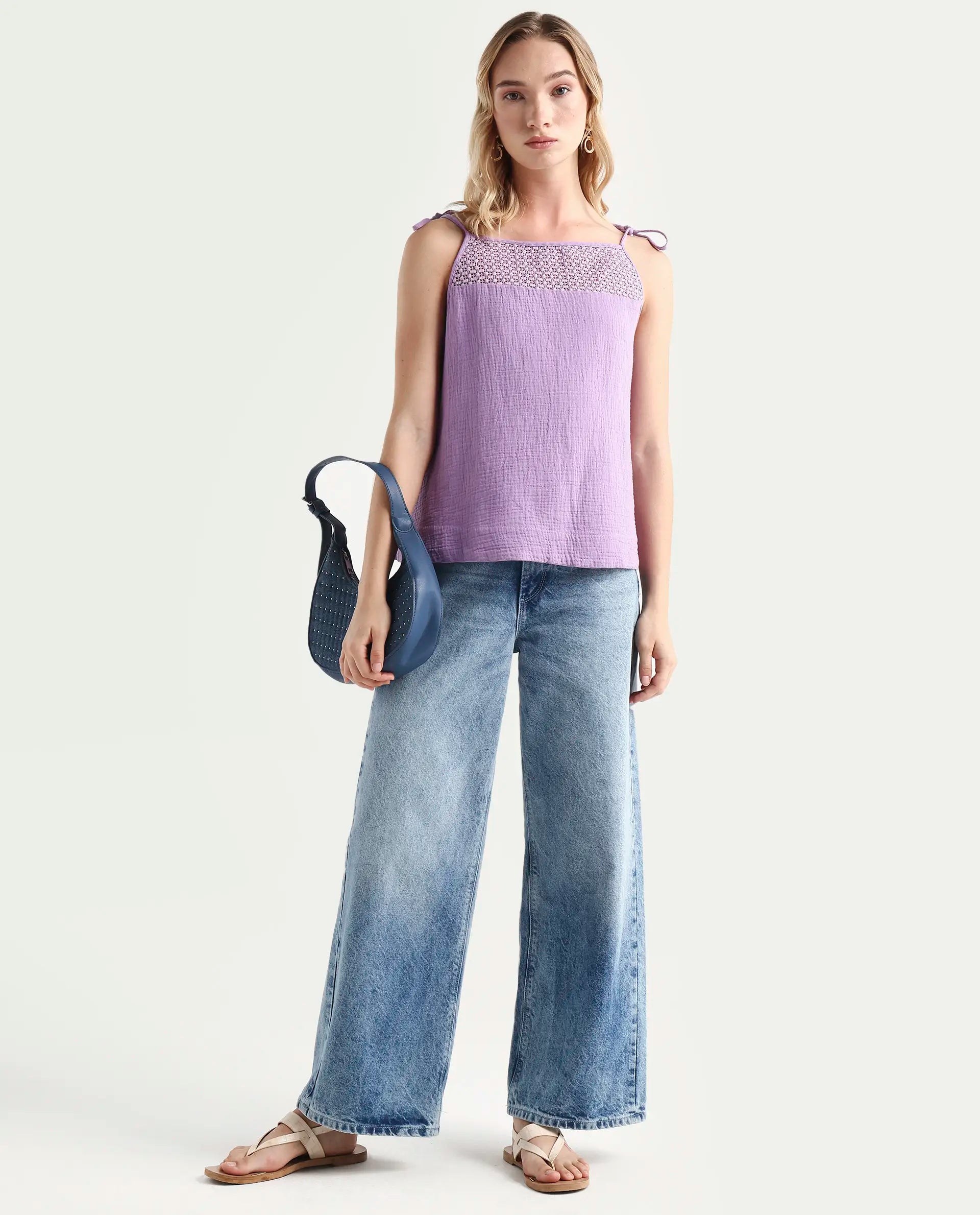 Rareism Women's Jordyn-T Pastel Purple Cotton Blend Shoulder Strap Plain Shoulder Strap Regular Fit Top