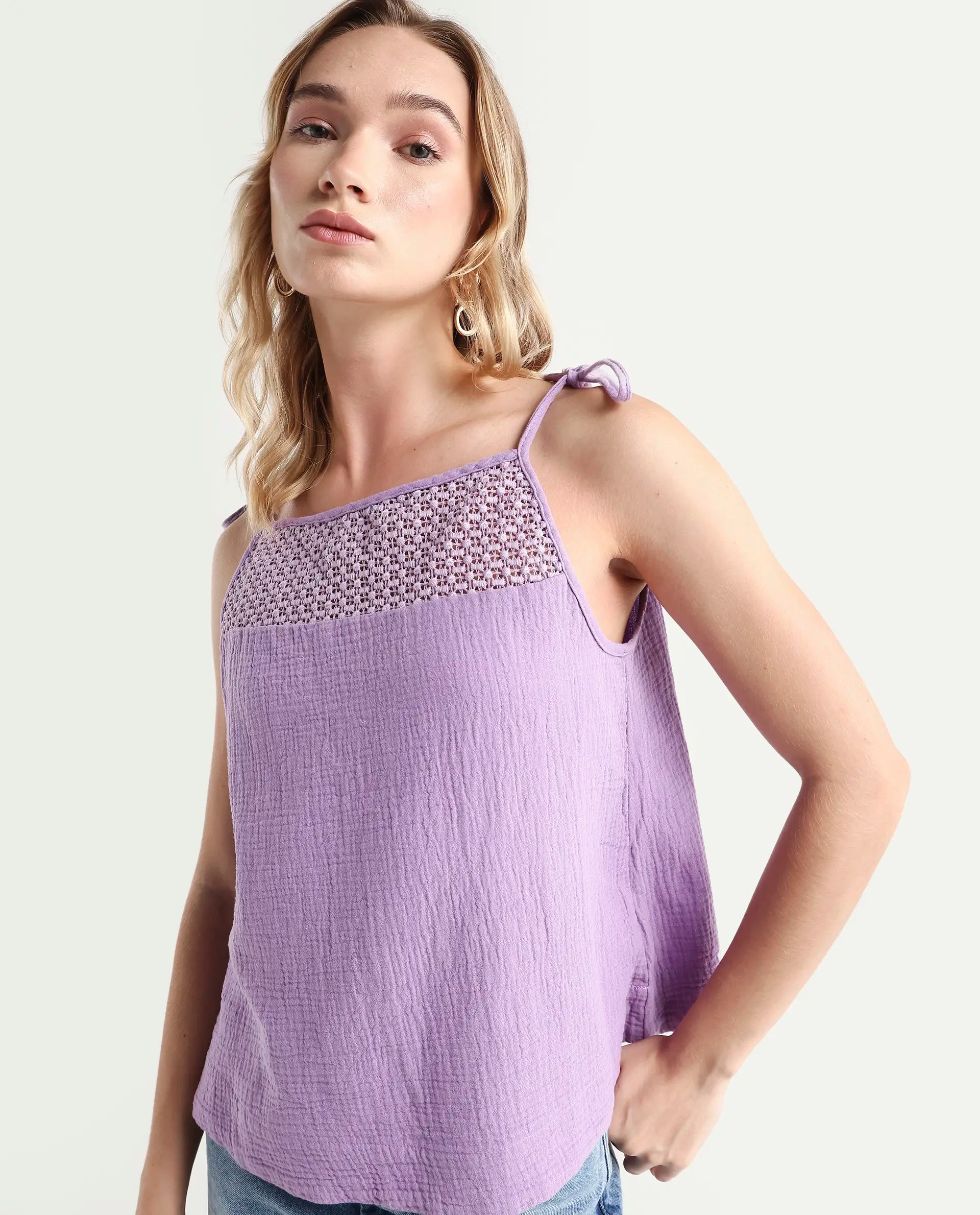 Rareism Women's Jordyn-T Pastel Purple Cotton Blend Shoulder Strap Plain Shoulder Strap Regular Fit Top