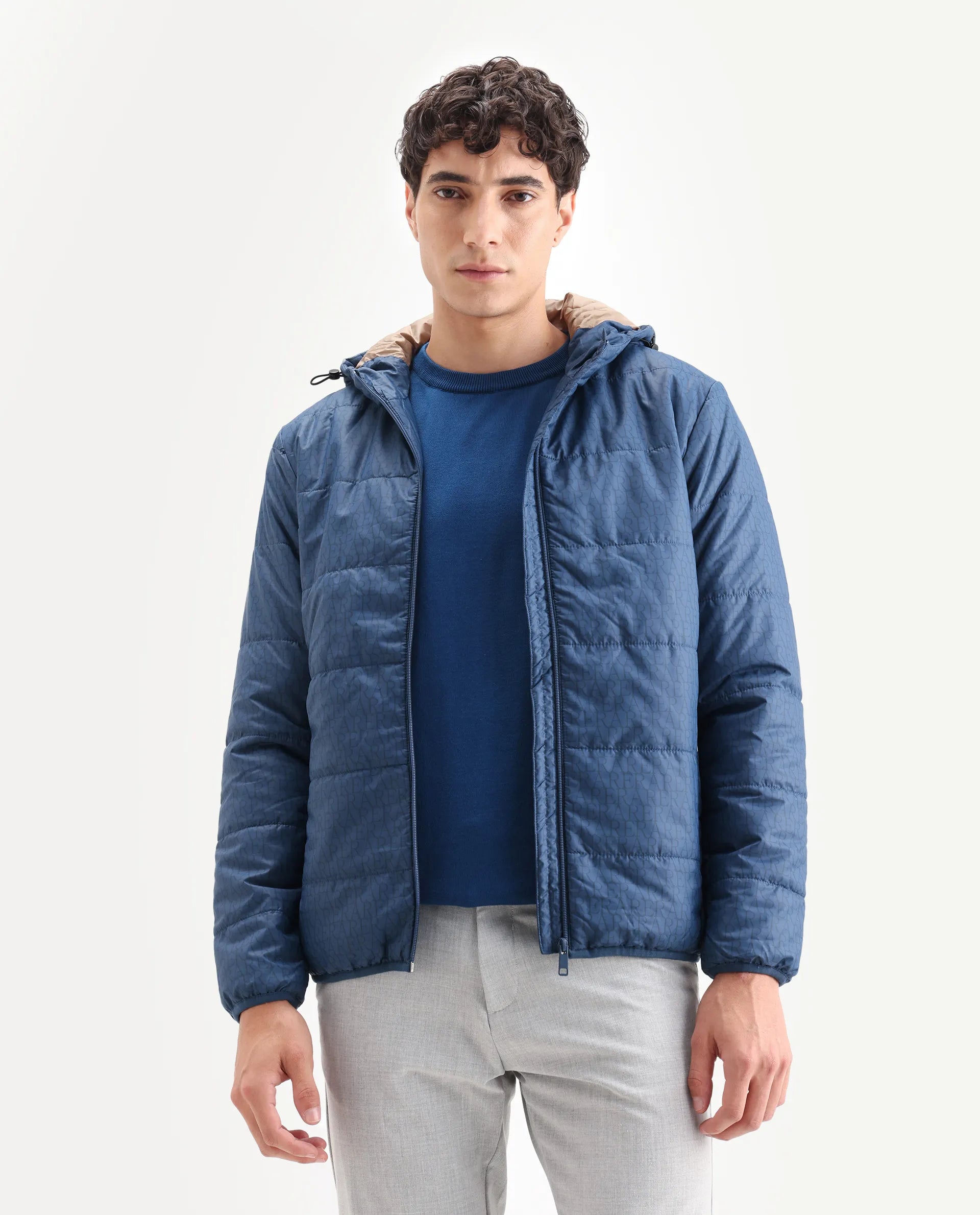 Rare Rabbit Men's Vasto Petrol Polyester Monogram Print Regular Fit Full Sleeve Hooded Jacket