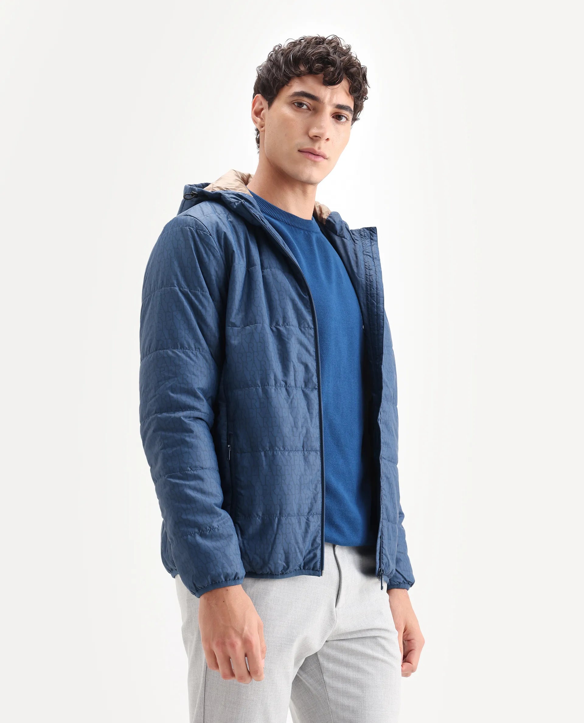 Rare Rabbit Men's Vasto Petrol Polyester Monogram Print Regular Fit Full Sleeve Hooded Jacket