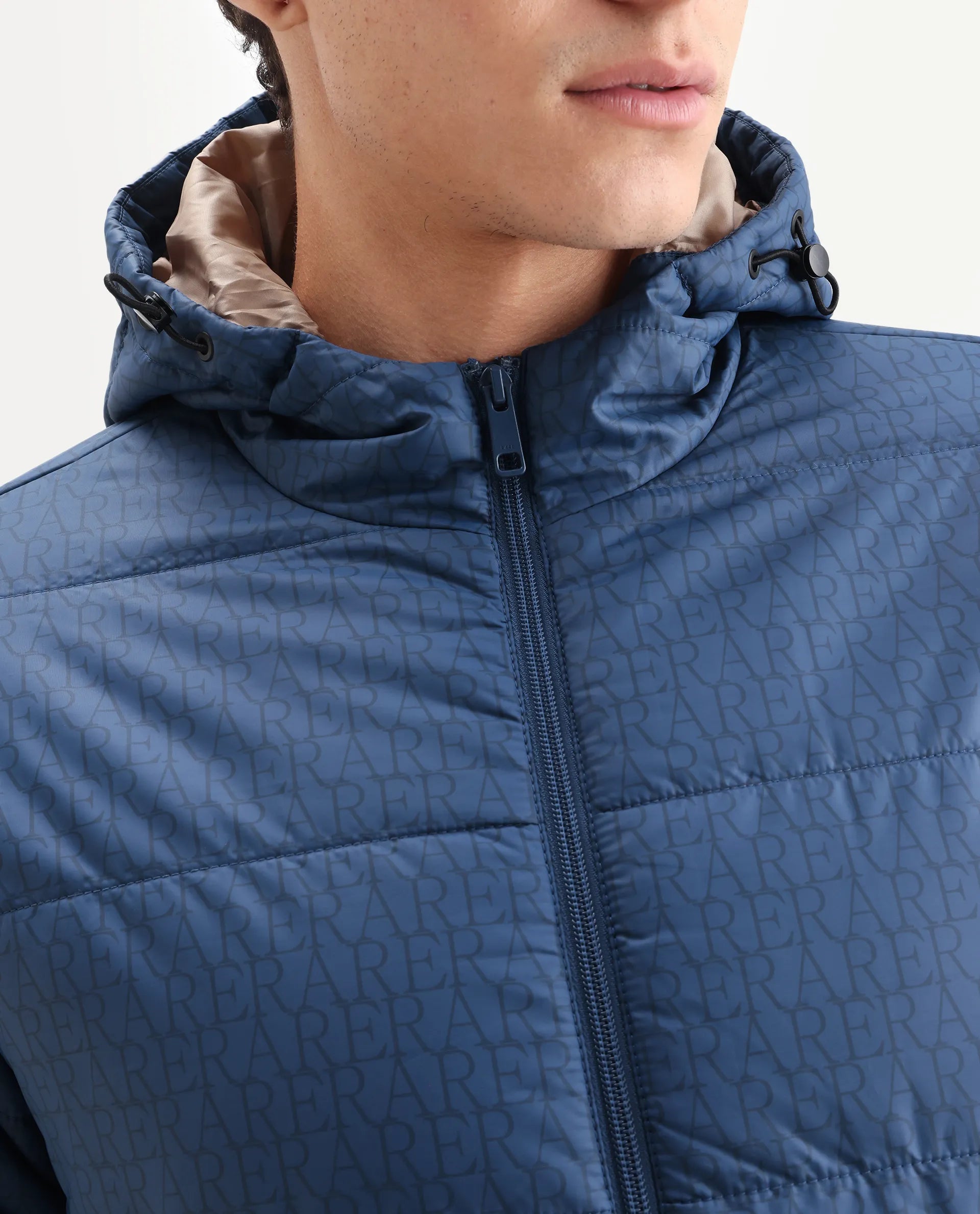 Rare Rabbit Men's Vasto Petrol Polyester Monogram Print Regular Fit Full Sleeve Hooded Jacket