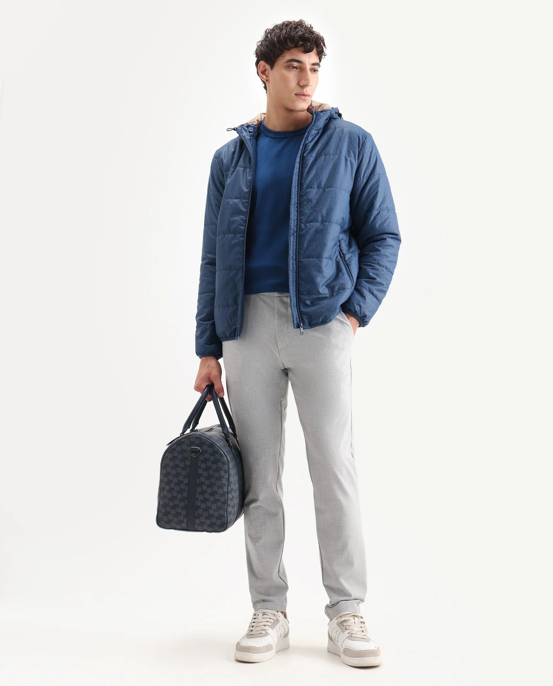 Rare Rabbit Men's Vasto Petrol Polyester Monogram Print Regular Fit Full Sleeve Hooded Jacket