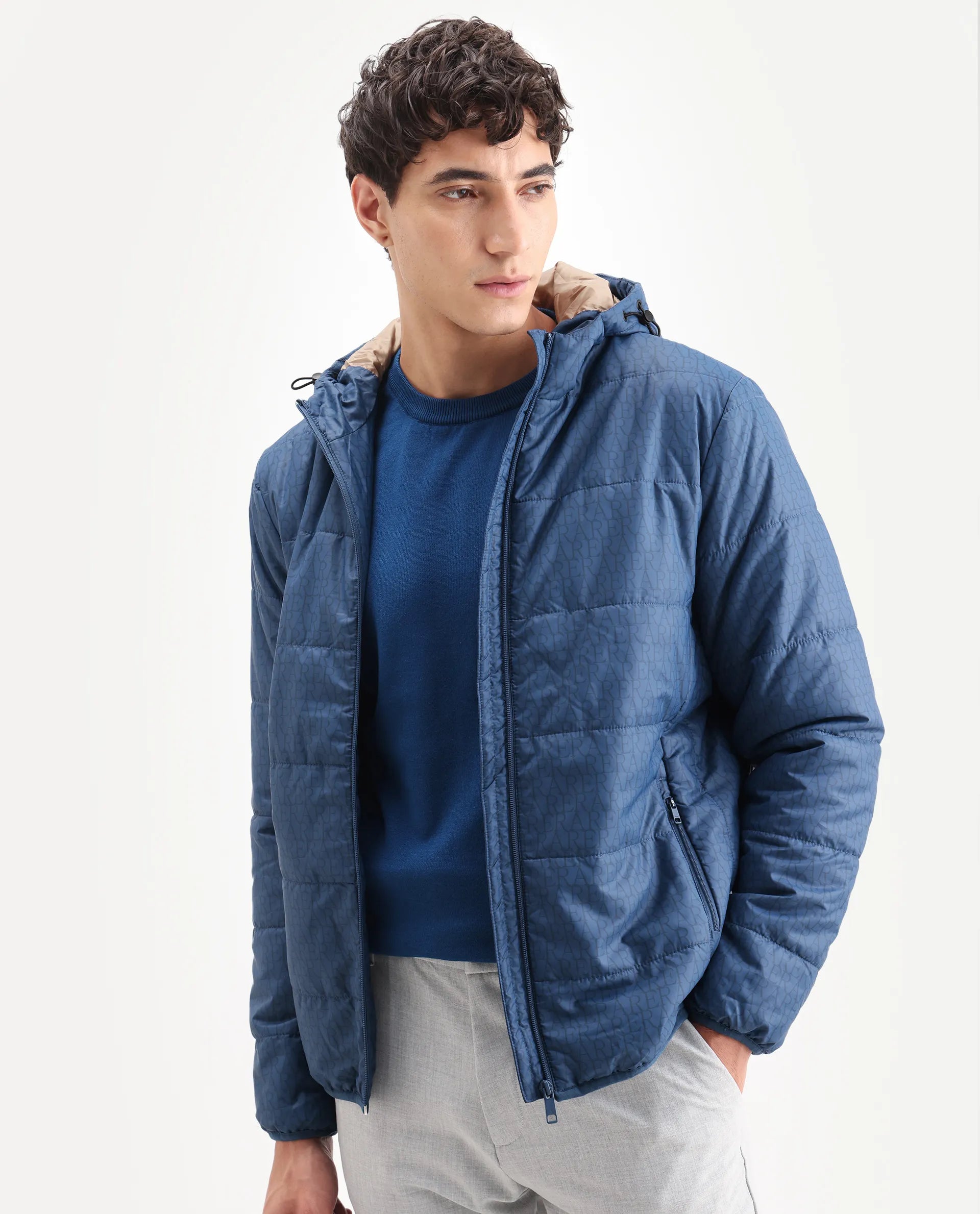 Rare Rabbit Men's Vasto Petrol Polyester Monogram Print Regular Fit Full Sleeve Hooded Jacket