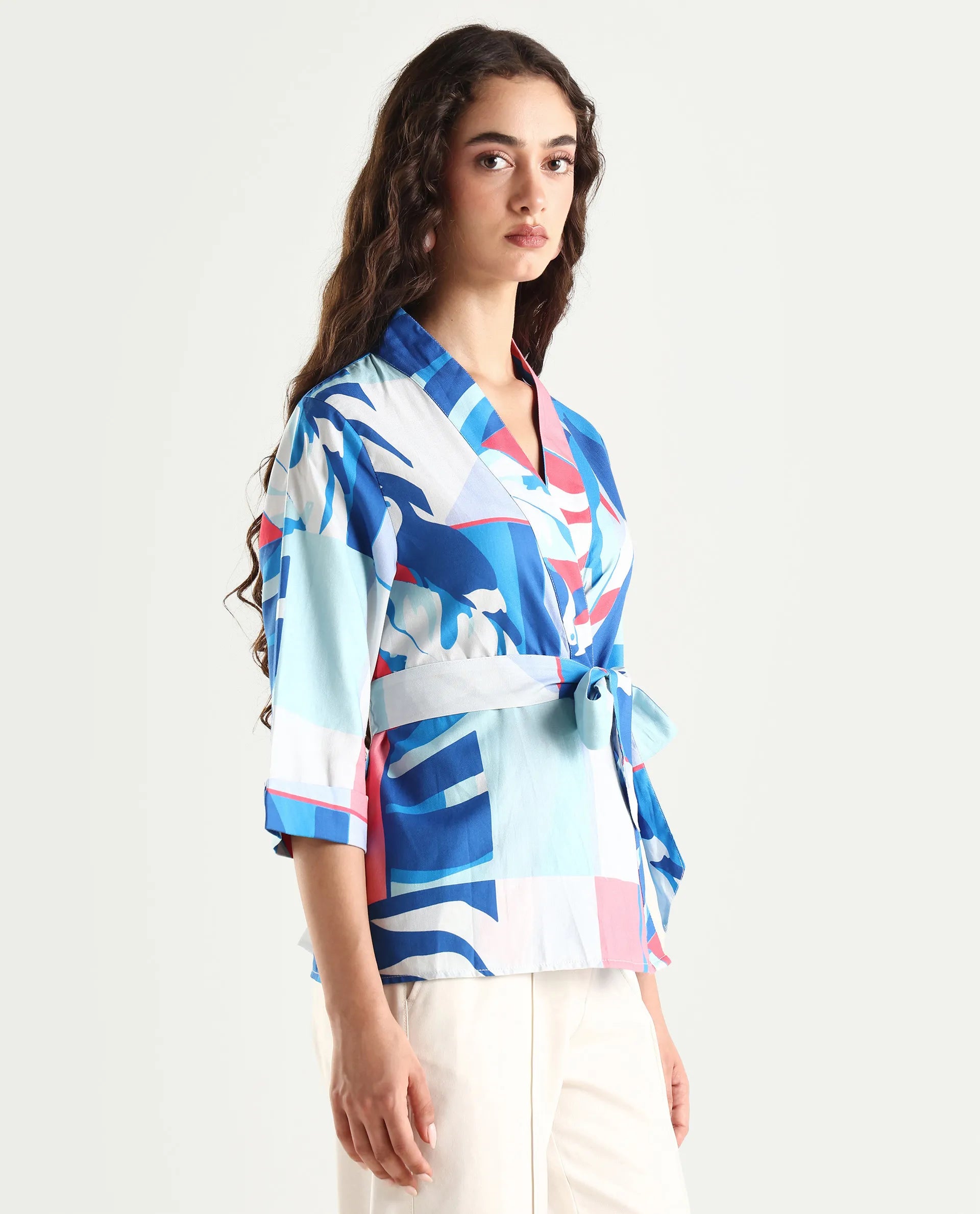Rareism Women's Zamo Blue Cotton Blend Overlap Neck Abstract Print Regular Fit Top