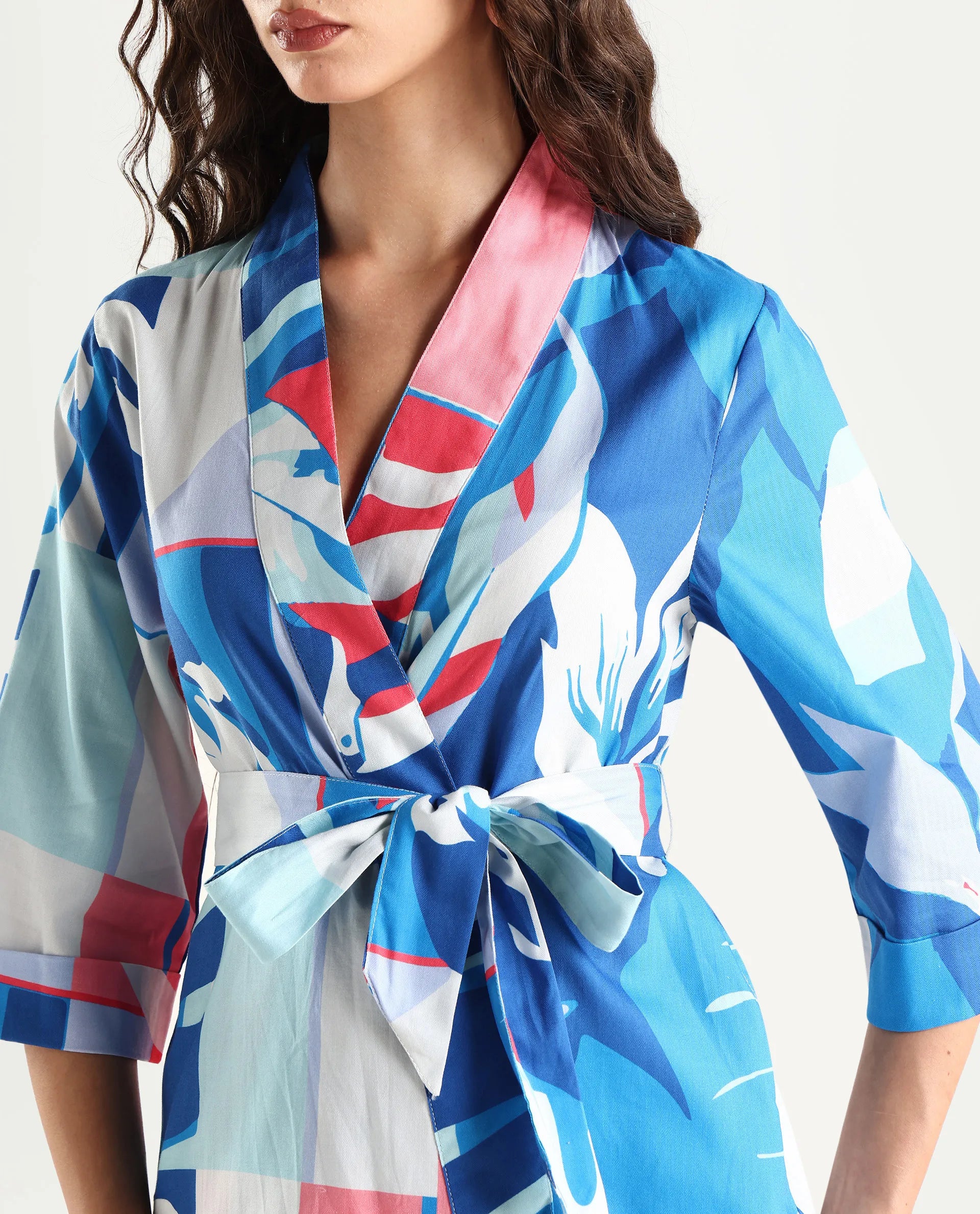 Rareism Women's Zamo Blue Cotton Blend Overlap Neck Abstract Print Regular Fit Top