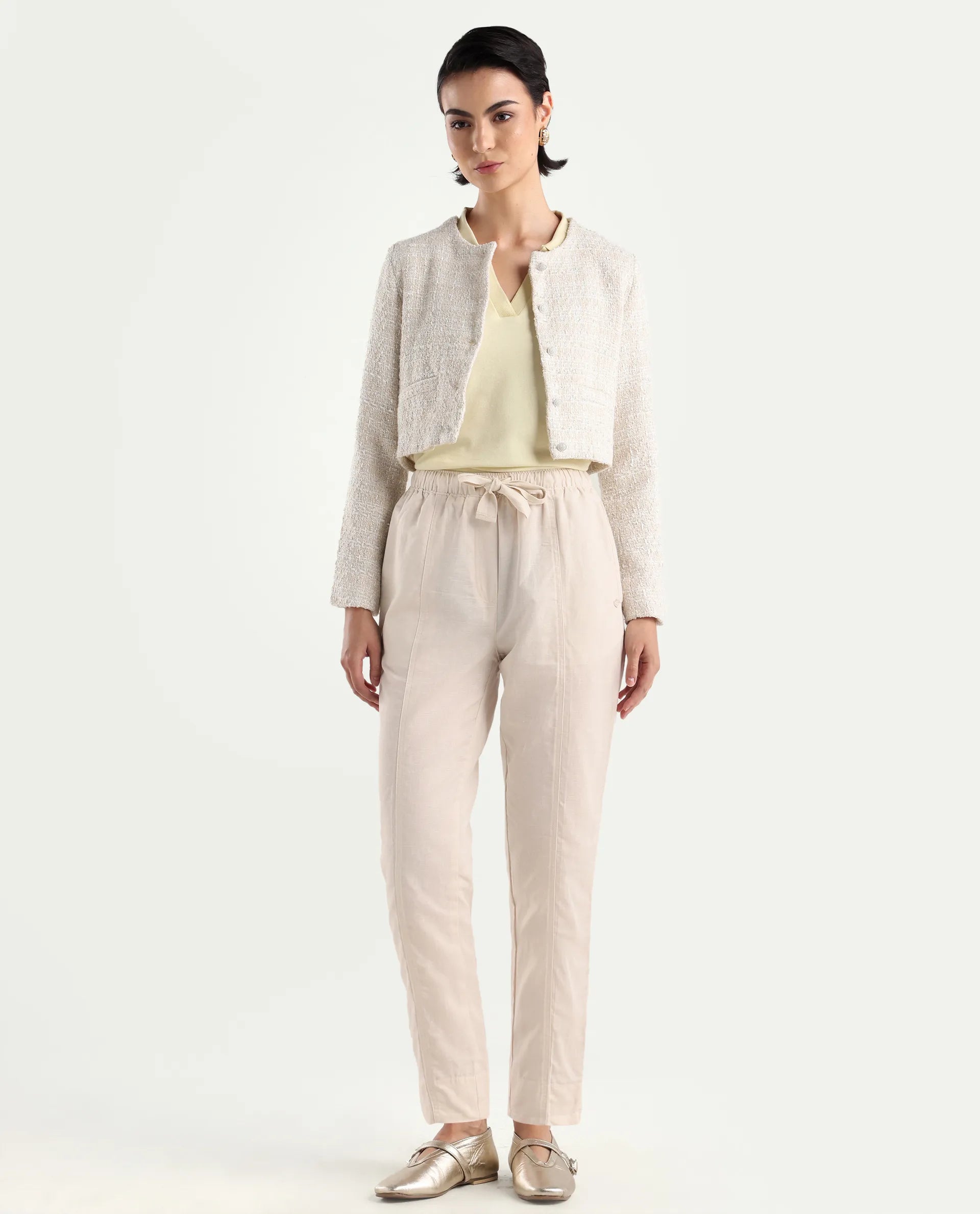 Rareism Women's Bintono Off White Cotton Blend Plain Ankle Length Tapered Trouser