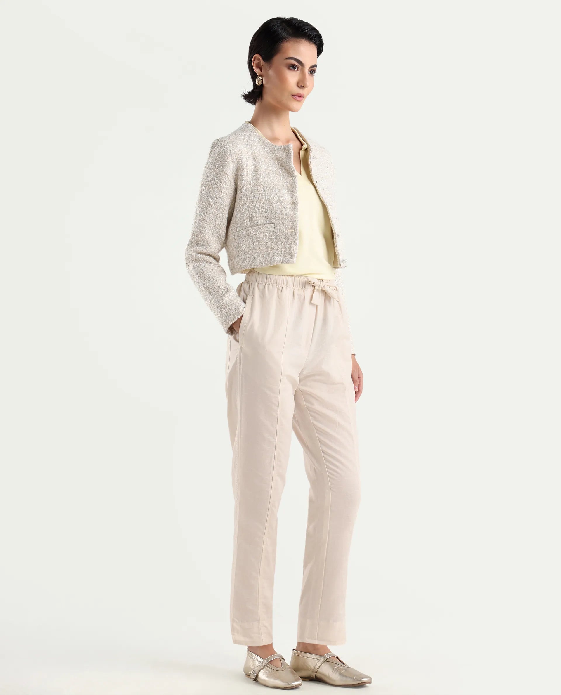 Rareism Women's Bintono Off White Cotton Blend Plain Ankle Length Tapered Trouser