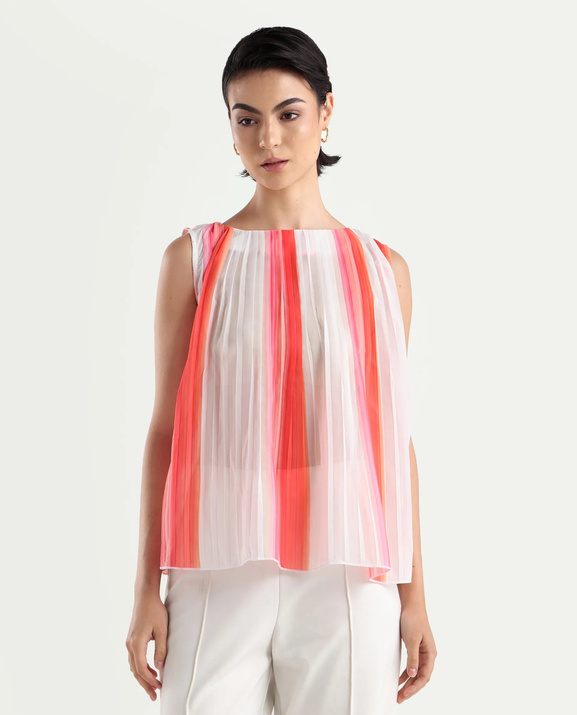 Rareism Women's Materio Multi Polyester Boat Neck Striped Sleeveless Relaxed Fit Top