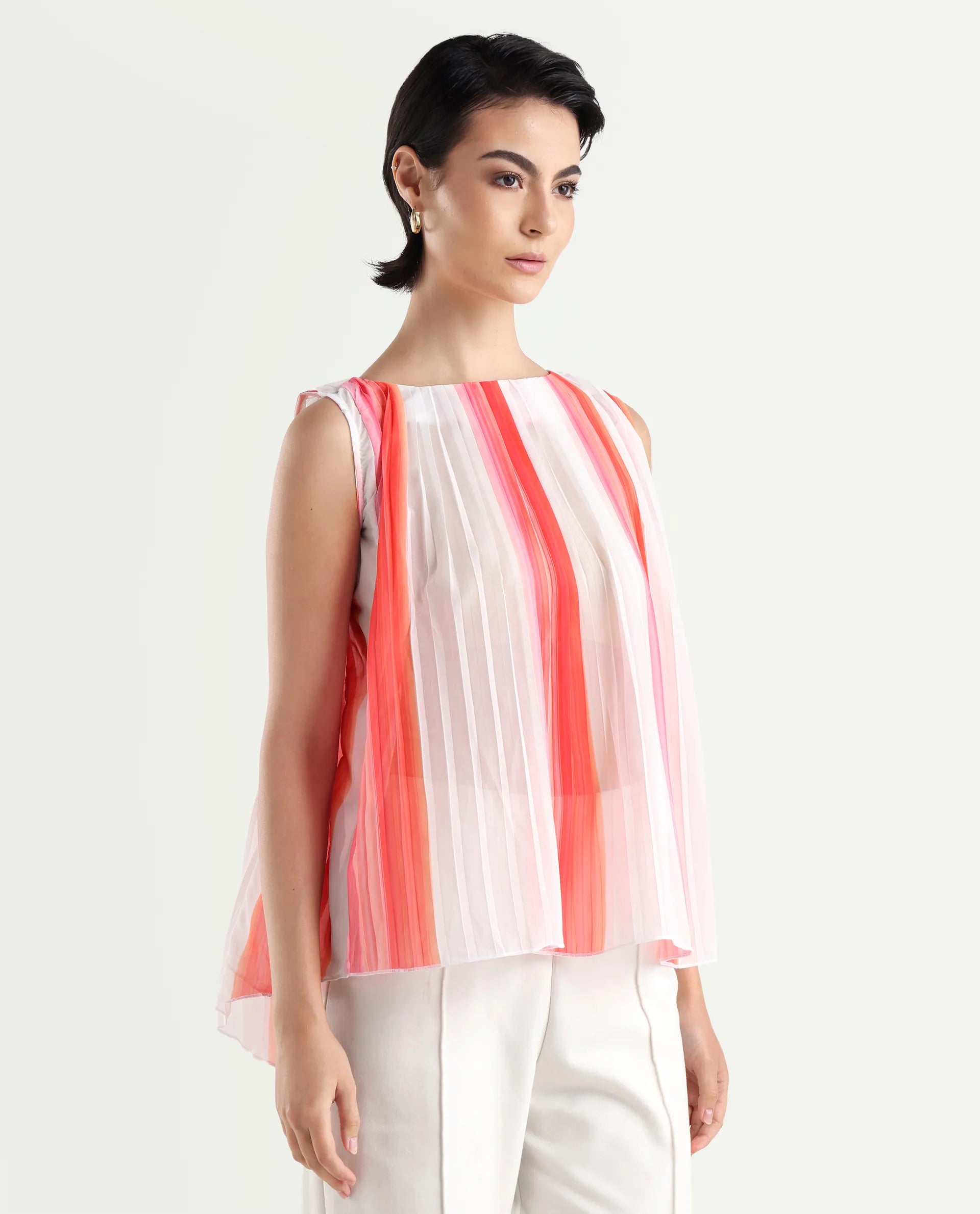 Rareism Women's Materio Multi Polyester Boat Neck Striped Sleeveless Relaxed Fit Top