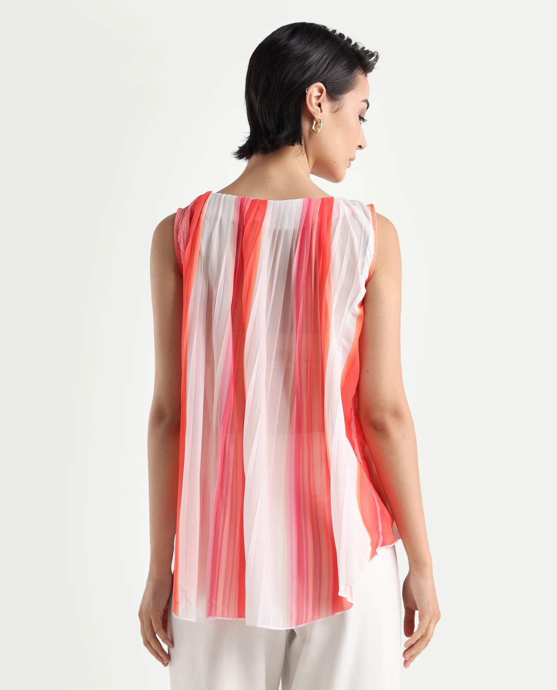 Rareism Women's Materio Multi Polyester Boat Neck Striped Sleeveless Relaxed Fit Top