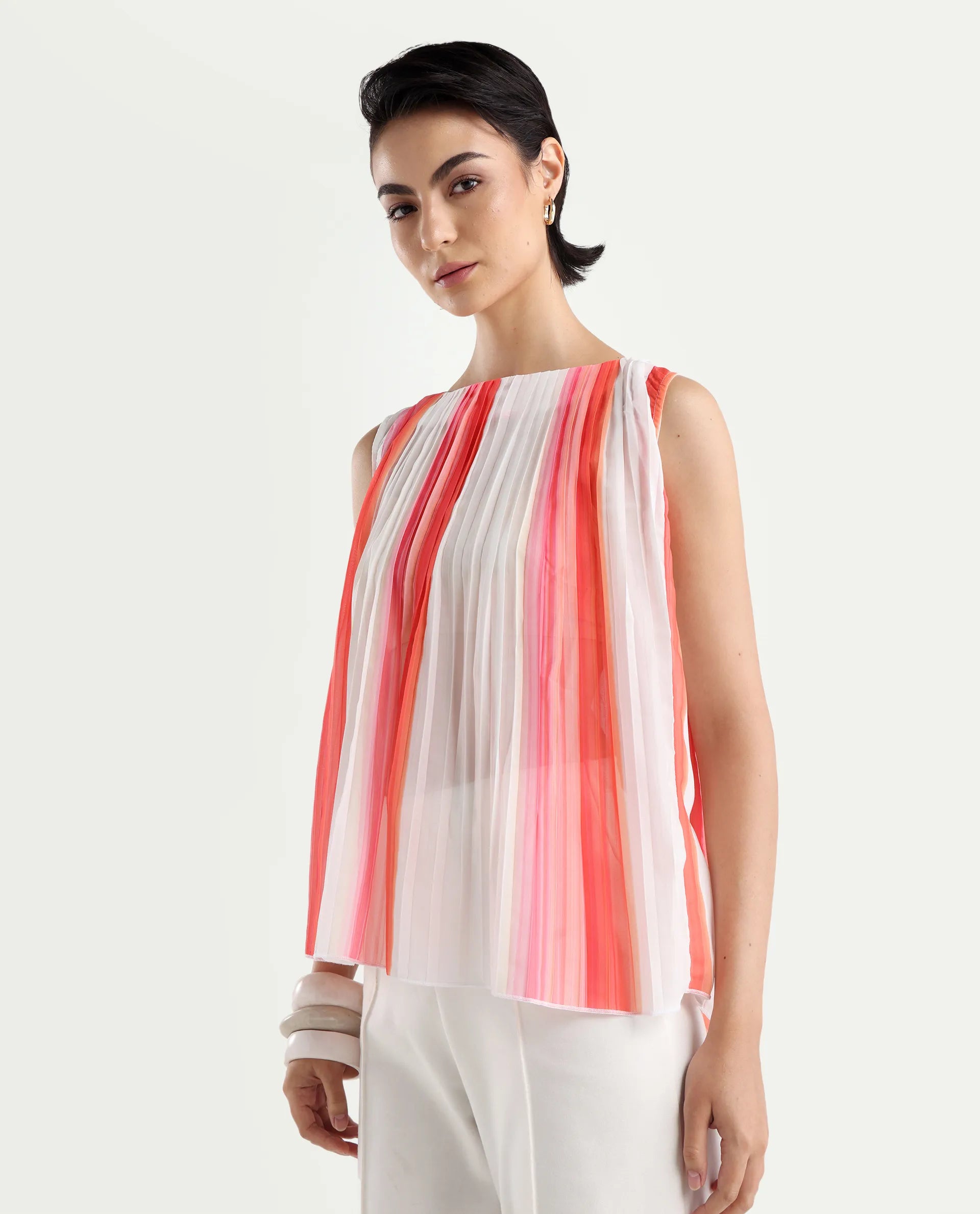 Rareism Women's Materio Multi Polyester Boat Neck Striped Sleeveless Relaxed Fit Top