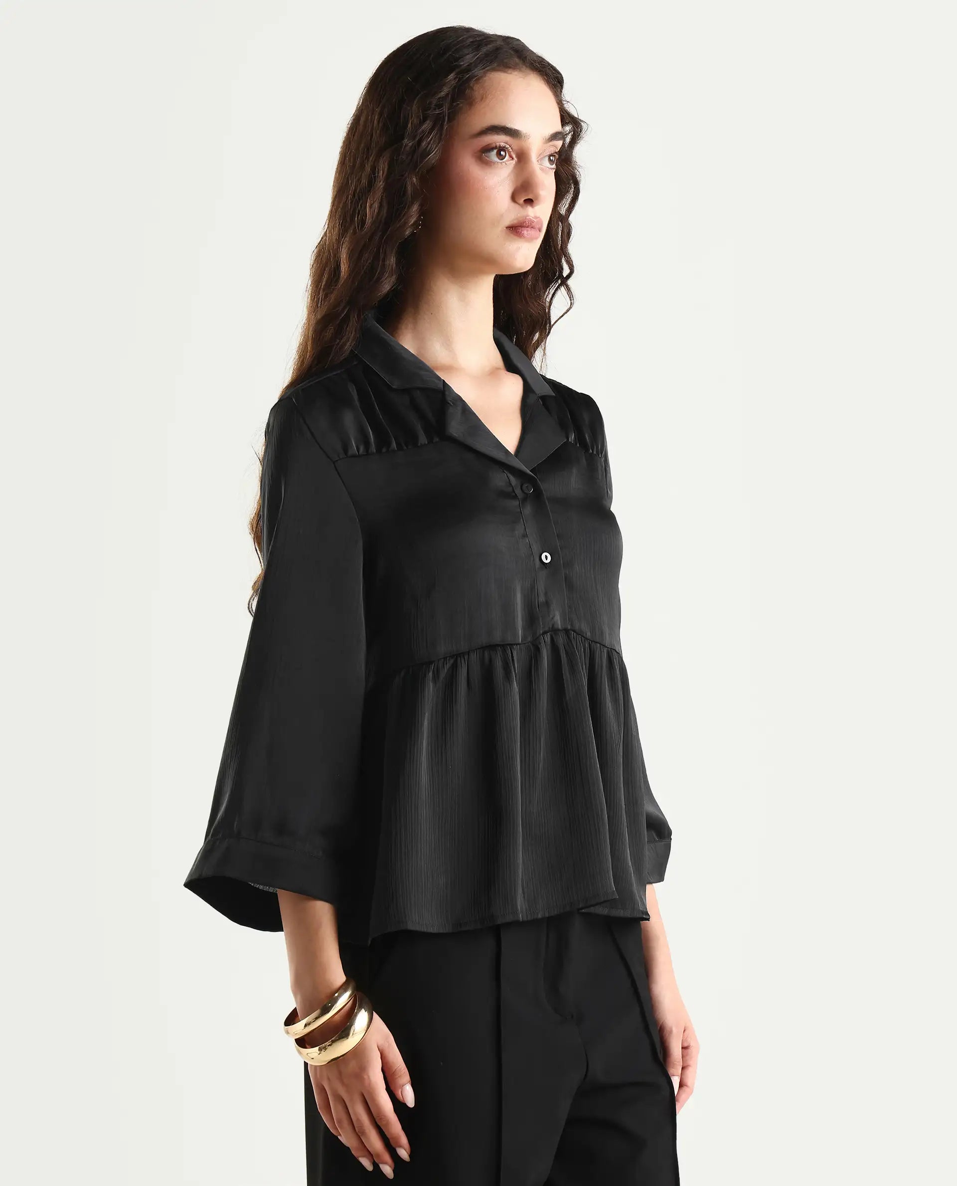 Rareism Women's Gaurerro Black Polyester Lapel Neck Plain Regular Fit Top