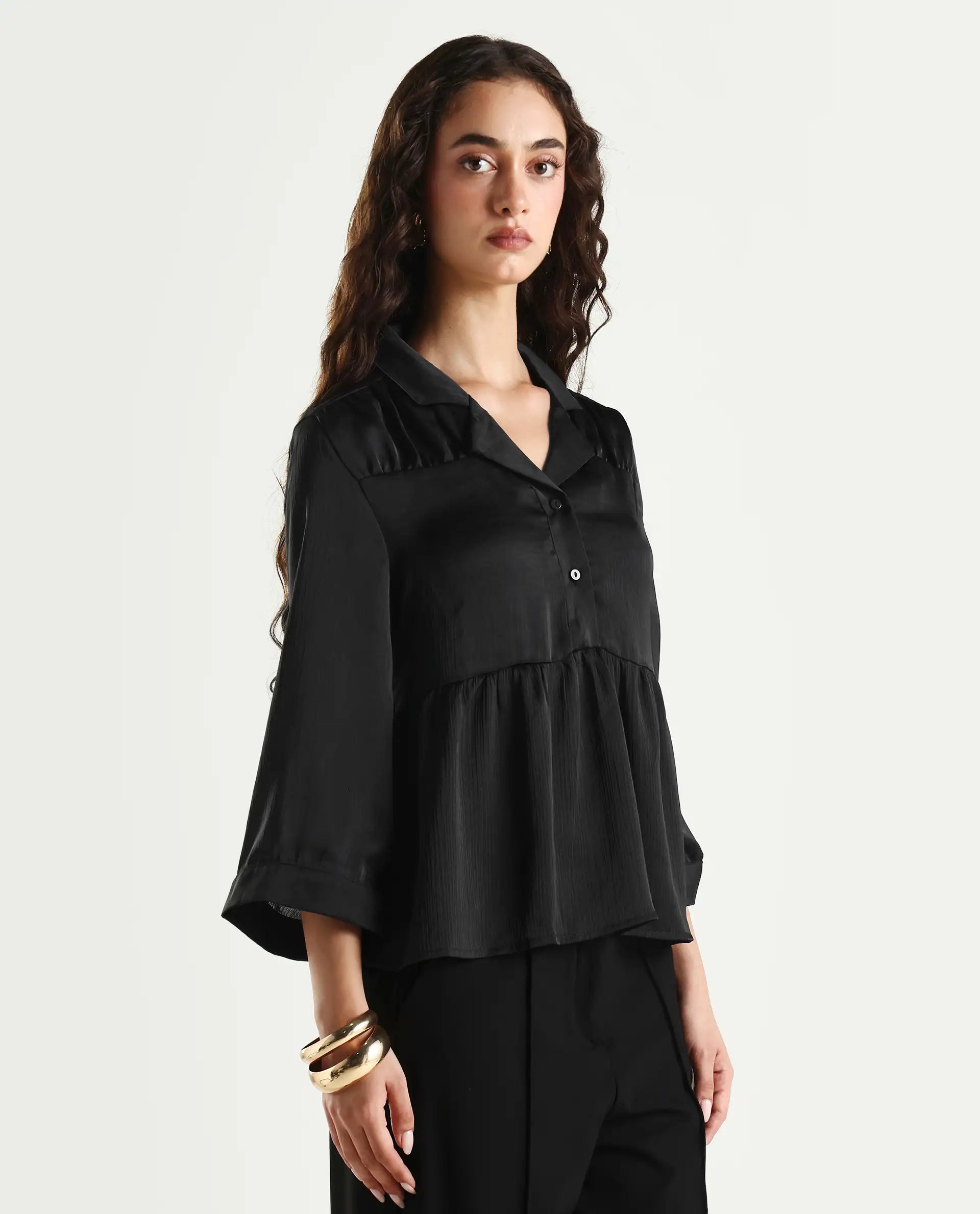 Rareism Women's Gaurerro Black Polyester Lapel Neck Plain Regular Fit Top