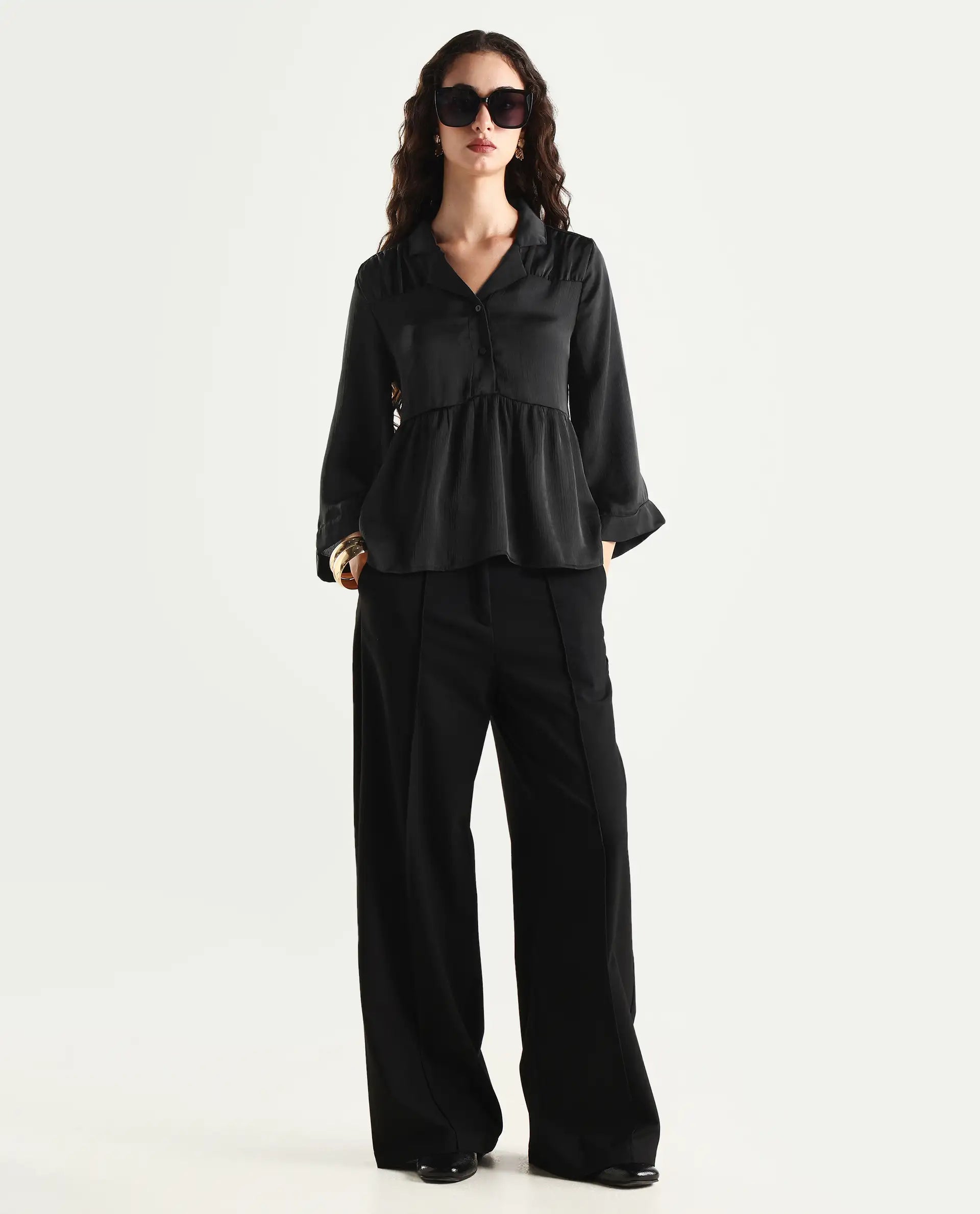 Rareism Women's Gaurerro Black Polyester Lapel Neck Plain Regular Fit Top