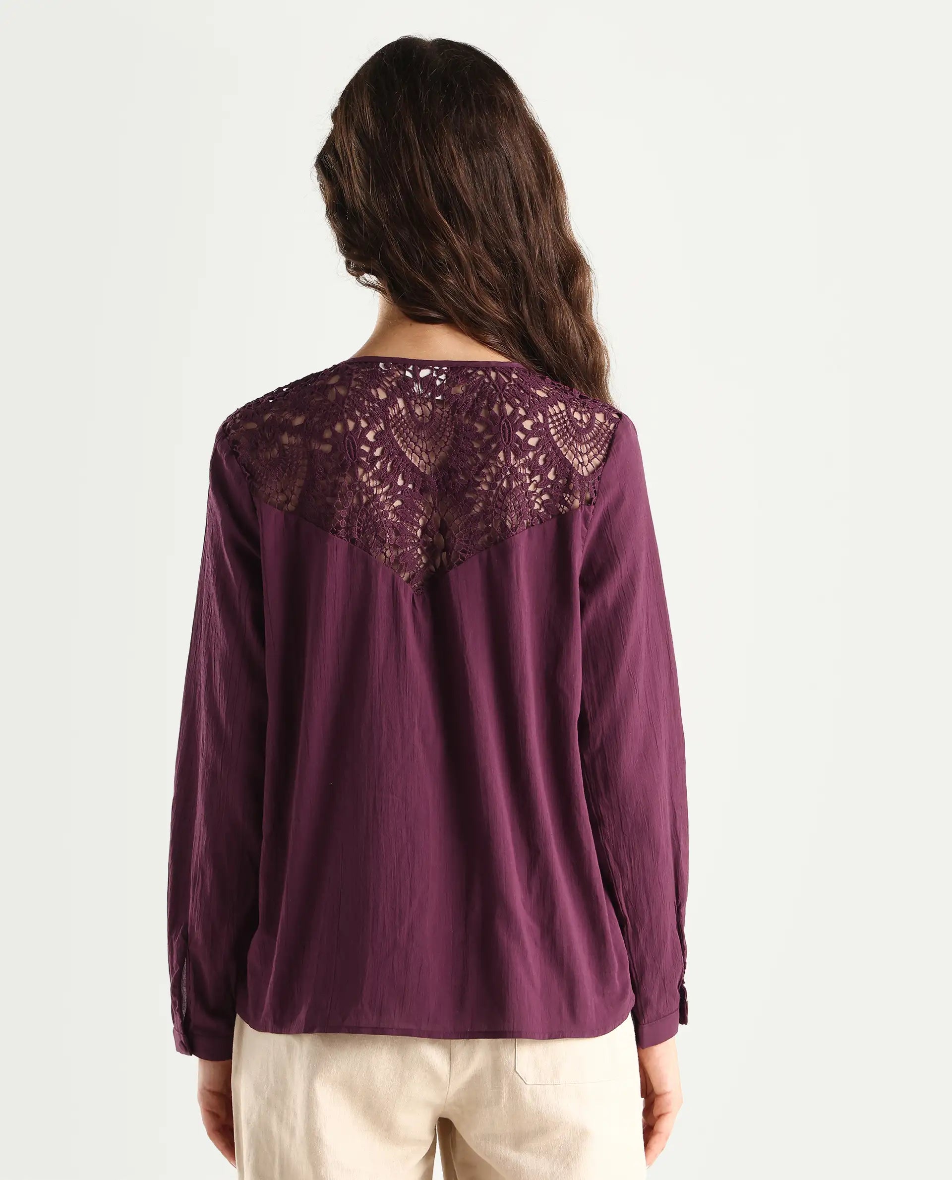 Rareism Women's Sonoki Dark Maroon Cotton V-Neck Plain Relaxed Fit Top