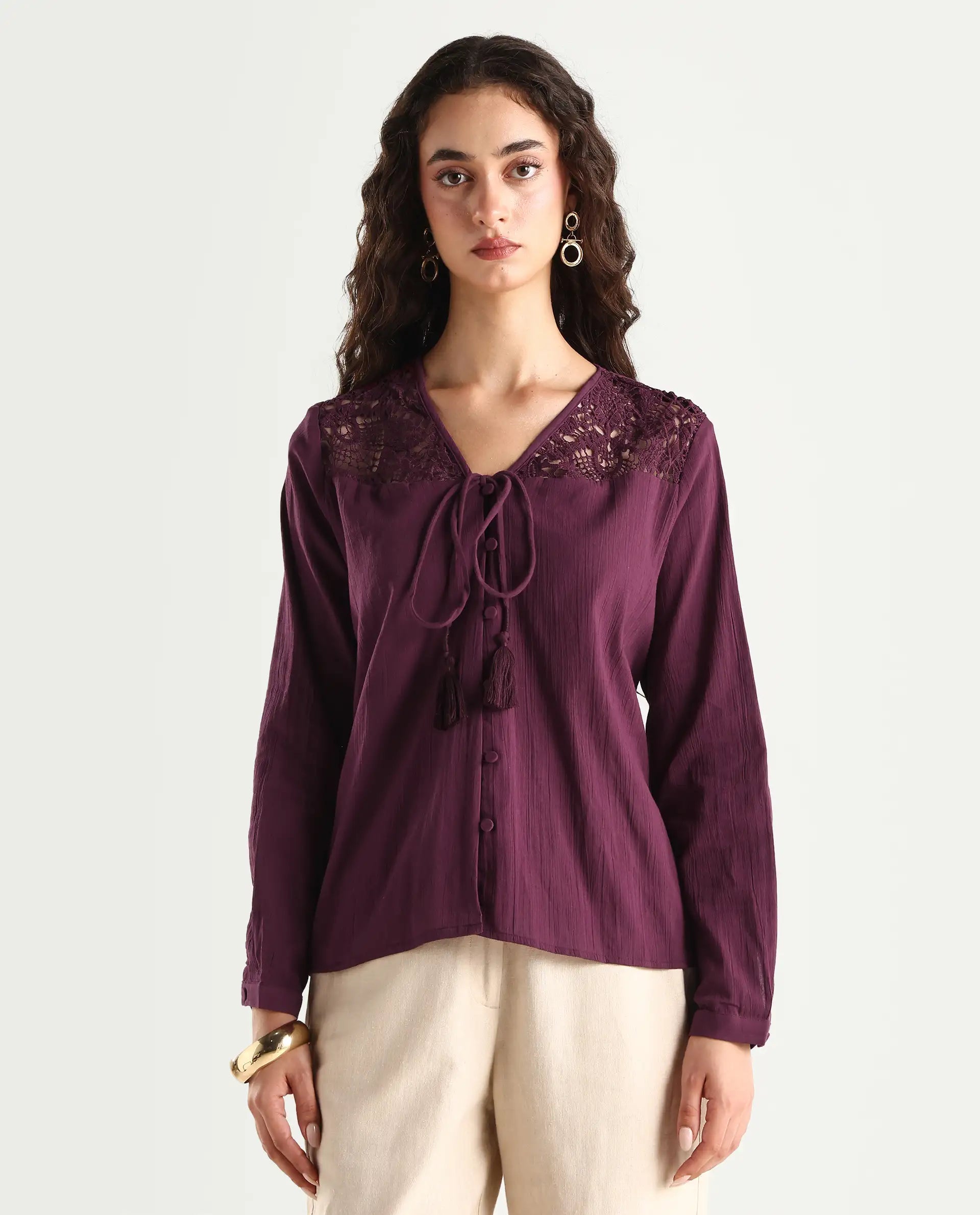 Rareism Women's Sonoki Dark Maroon Cotton V-Neck Plain Relaxed Fit Top
