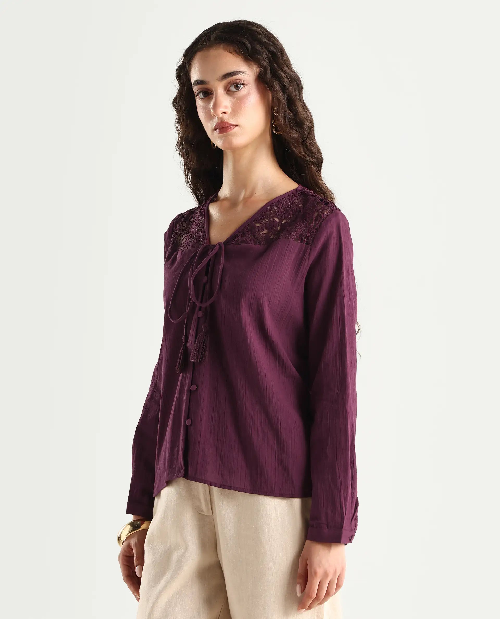 Rareism Women's Sonoki Dark Maroon Cotton V-Neck Plain Relaxed Fit Top