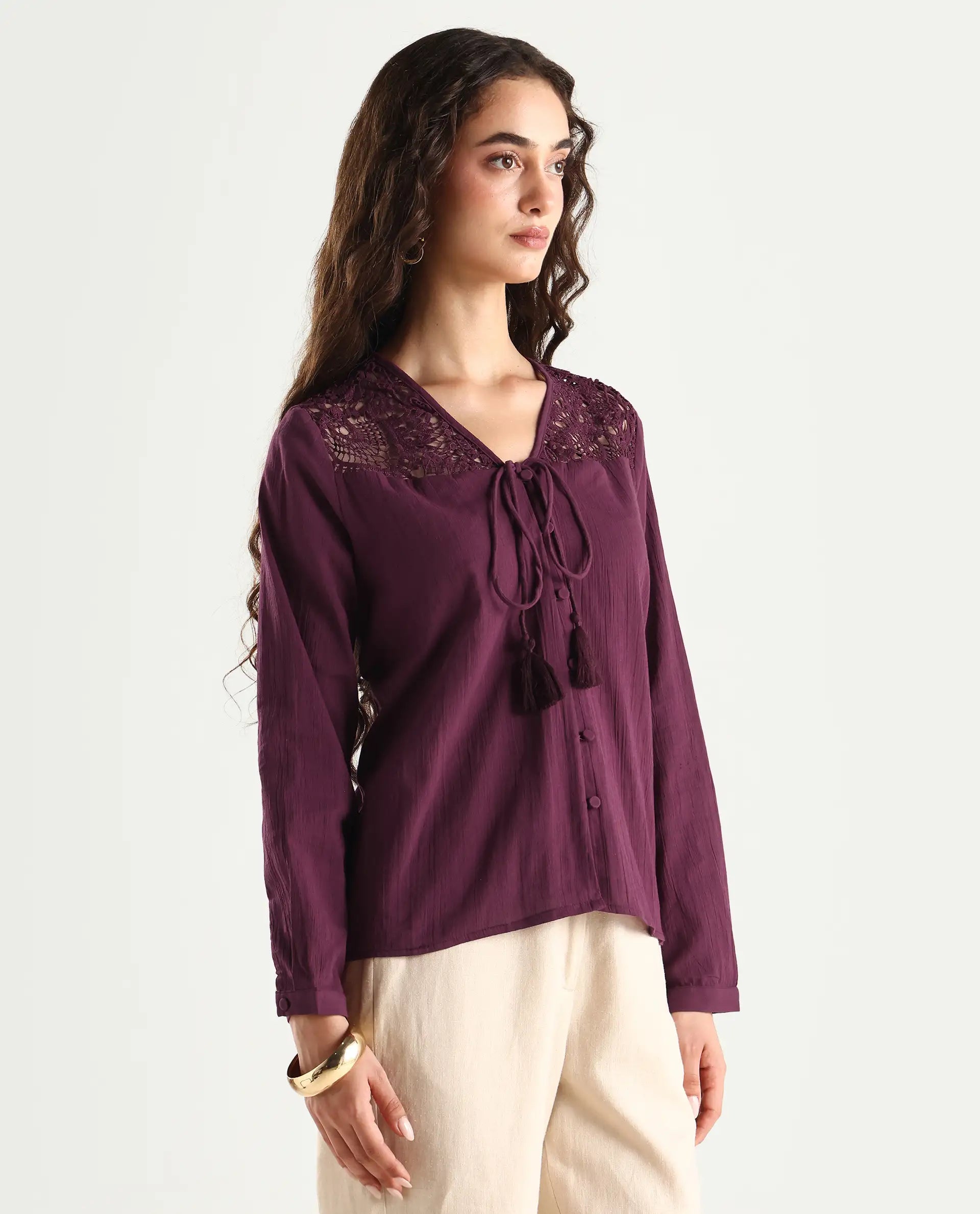 Rareism Women's Sonoki Dark Maroon Cotton V-Neck Plain Relaxed Fit Top