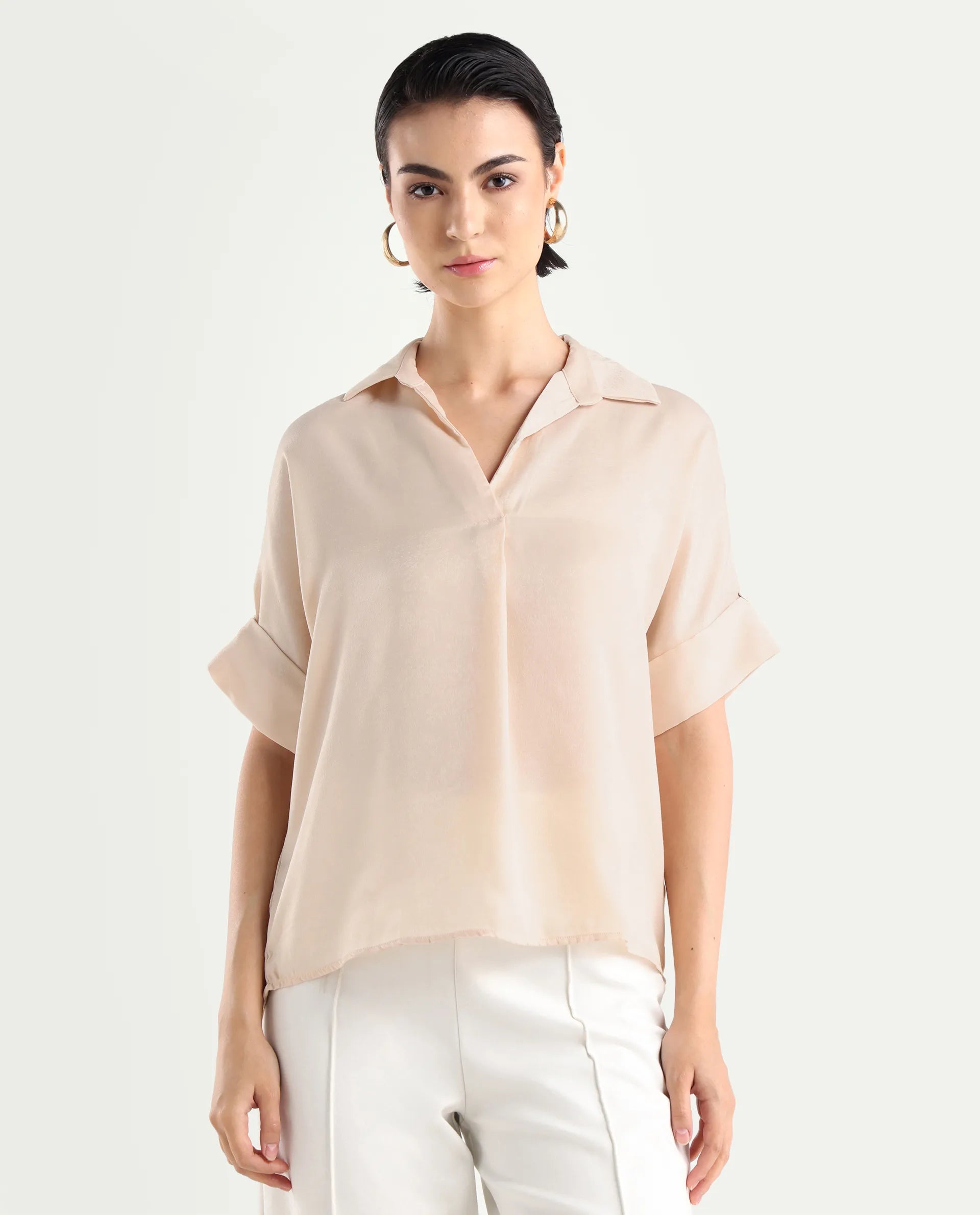 Rareism Women's Yamato-T Light Beige Satin Drop Collar Plain Extended Sleeves Boxy Fit Top