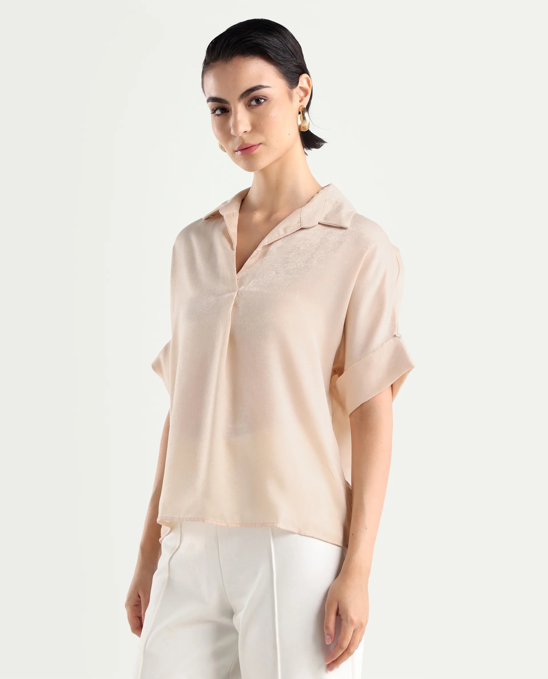 Rareism Women's Yamato-T Light Beige Satin Drop Collar Plain Extended Sleeves Boxy Fit Top