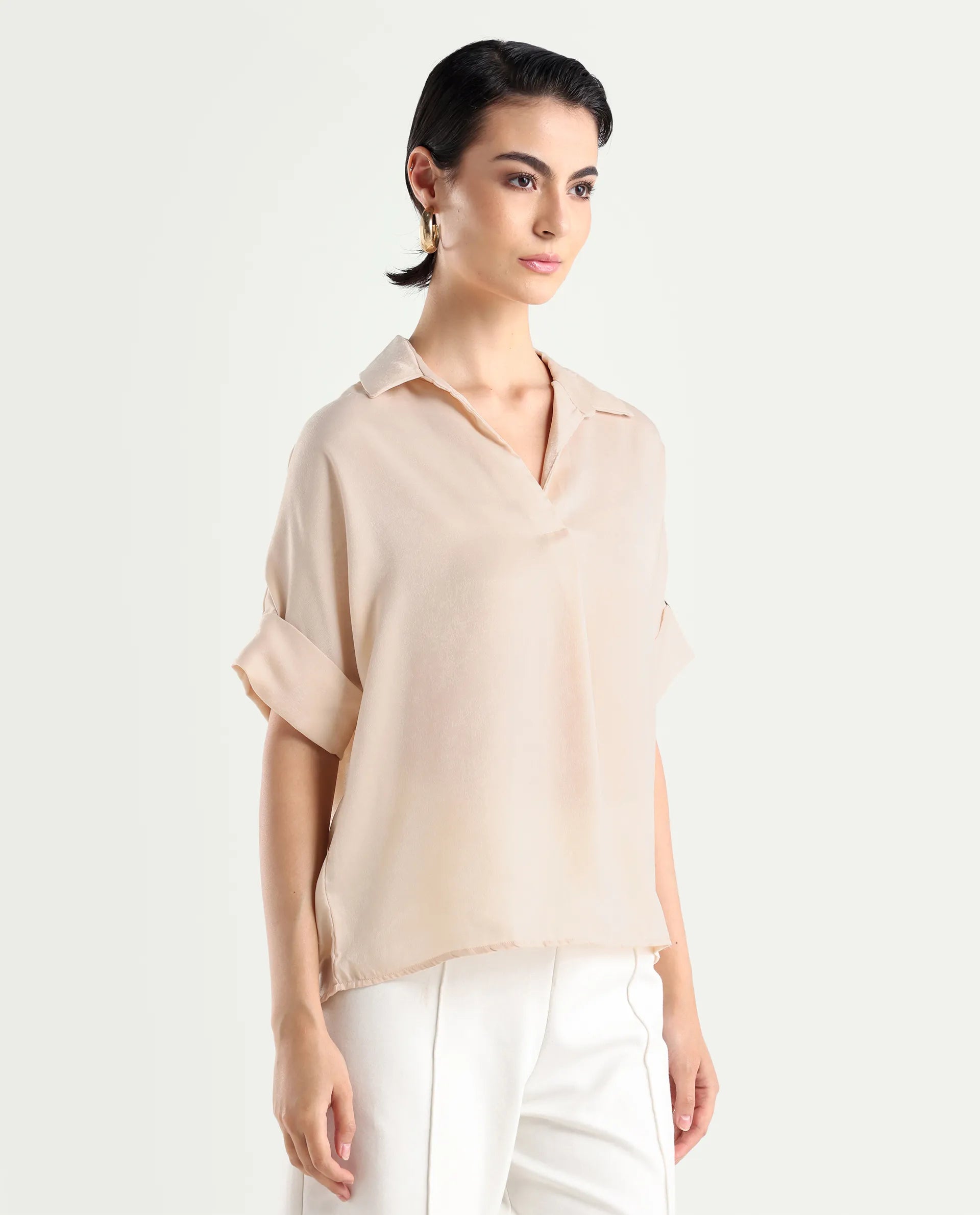 Rareism Women's Yamato-T Light Beige Satin Drop Collar Plain Extended Sleeves Boxy Fit Top
