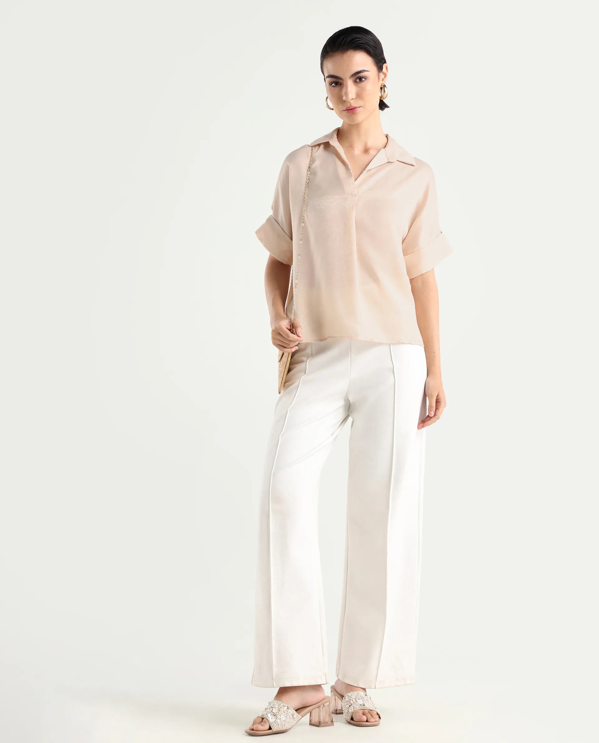 Rareism Women's Yamato-T Light Beige Satin Drop Collar Plain Extended Sleeves Boxy Fit Top