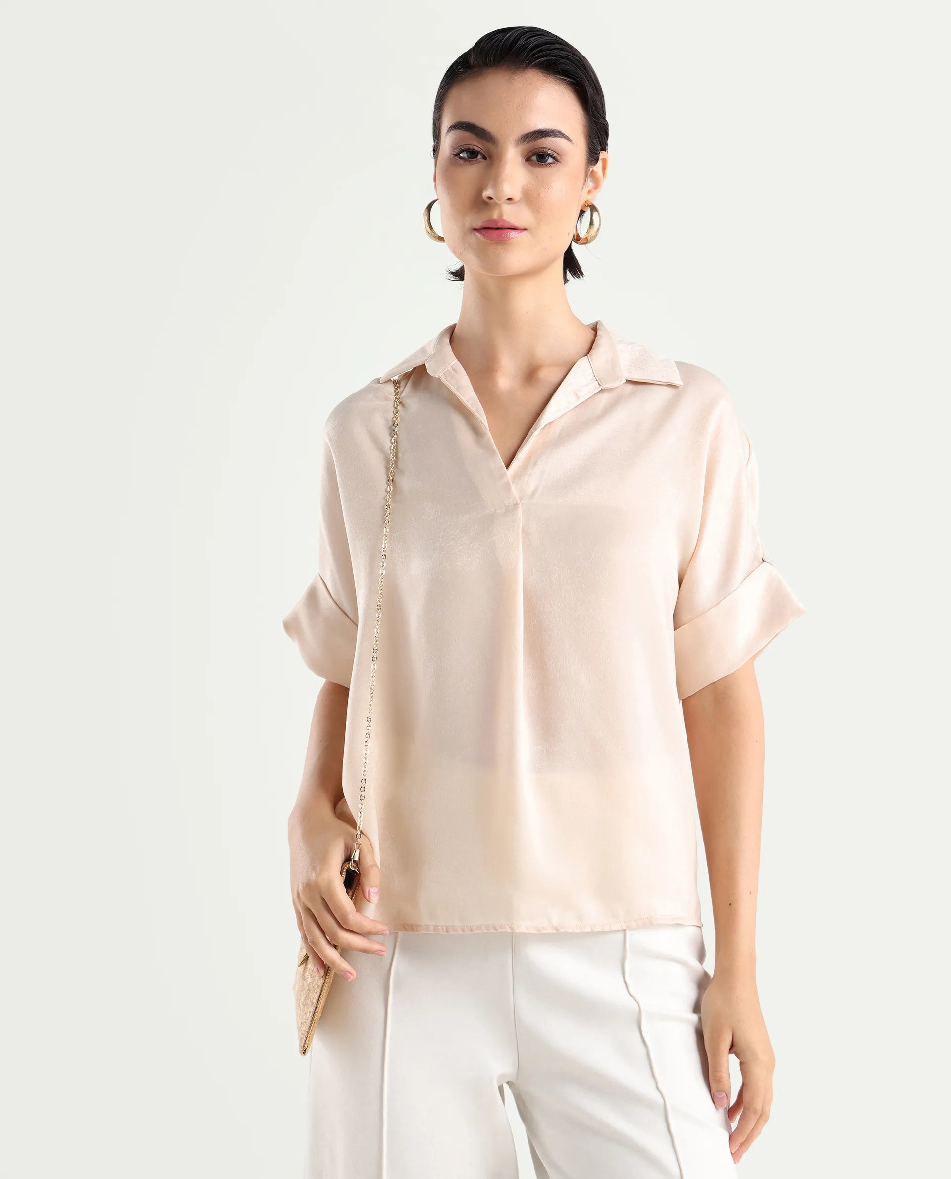 Rareism Women's Yamato-T Light Beige Satin Drop Collar Plain Extended Sleeves Boxy Fit Top