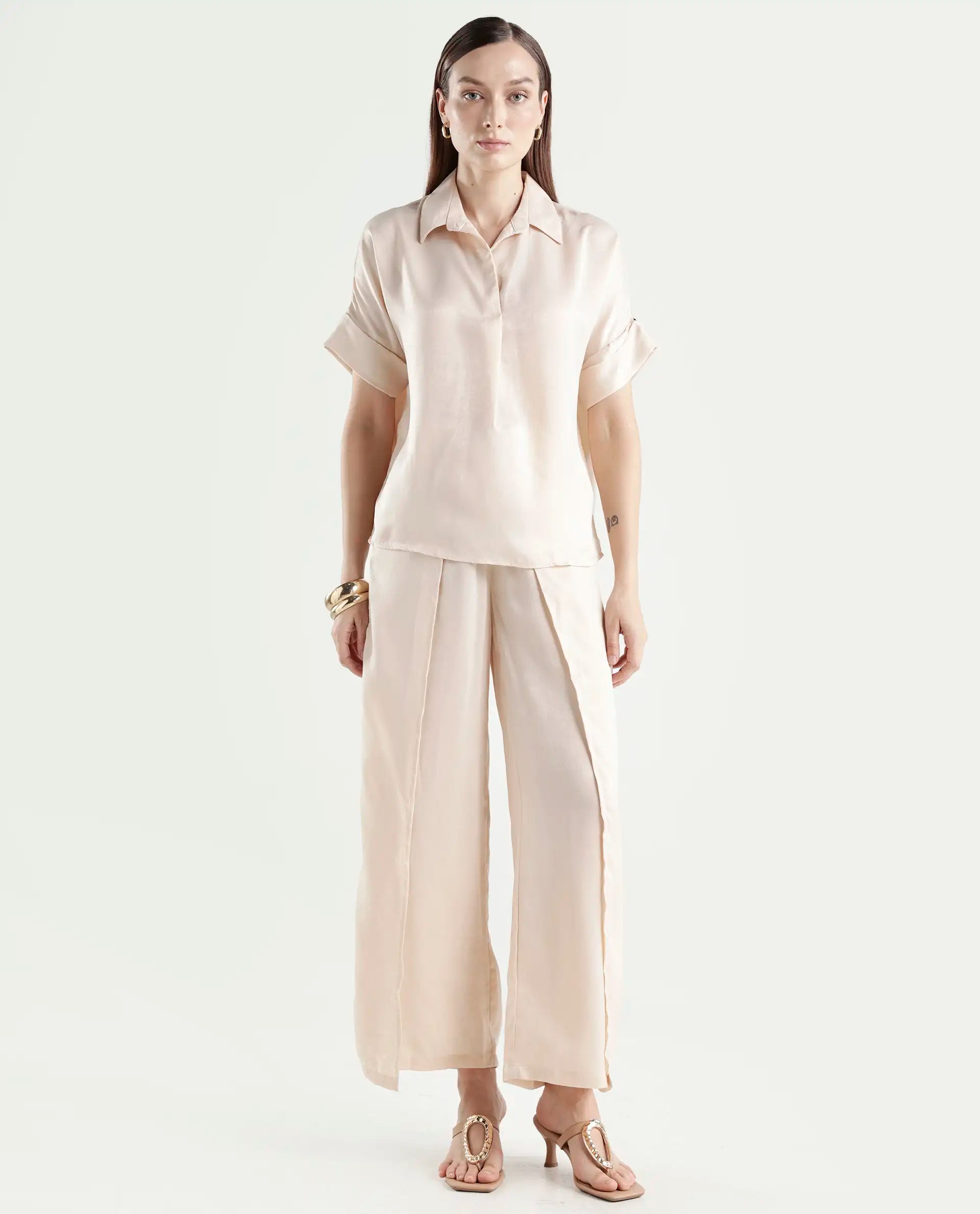 Rareism Women's Yamato-B Light Beige Satin Plain Ankle Length Wide Trouser