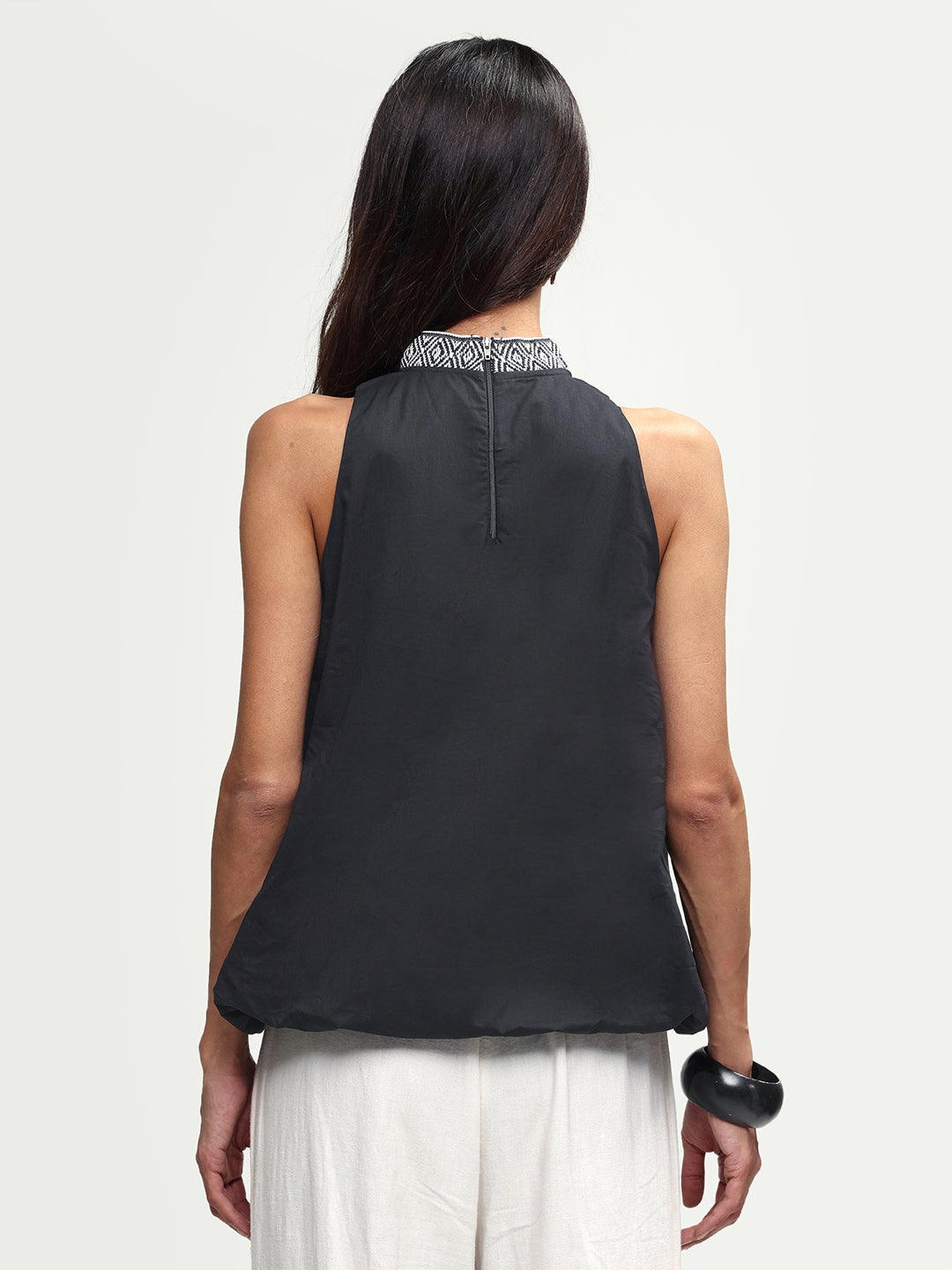 Rareism Women's Arezzo-T Black Cotton Mandarin Collar Plain Sleeveless Balloon Top