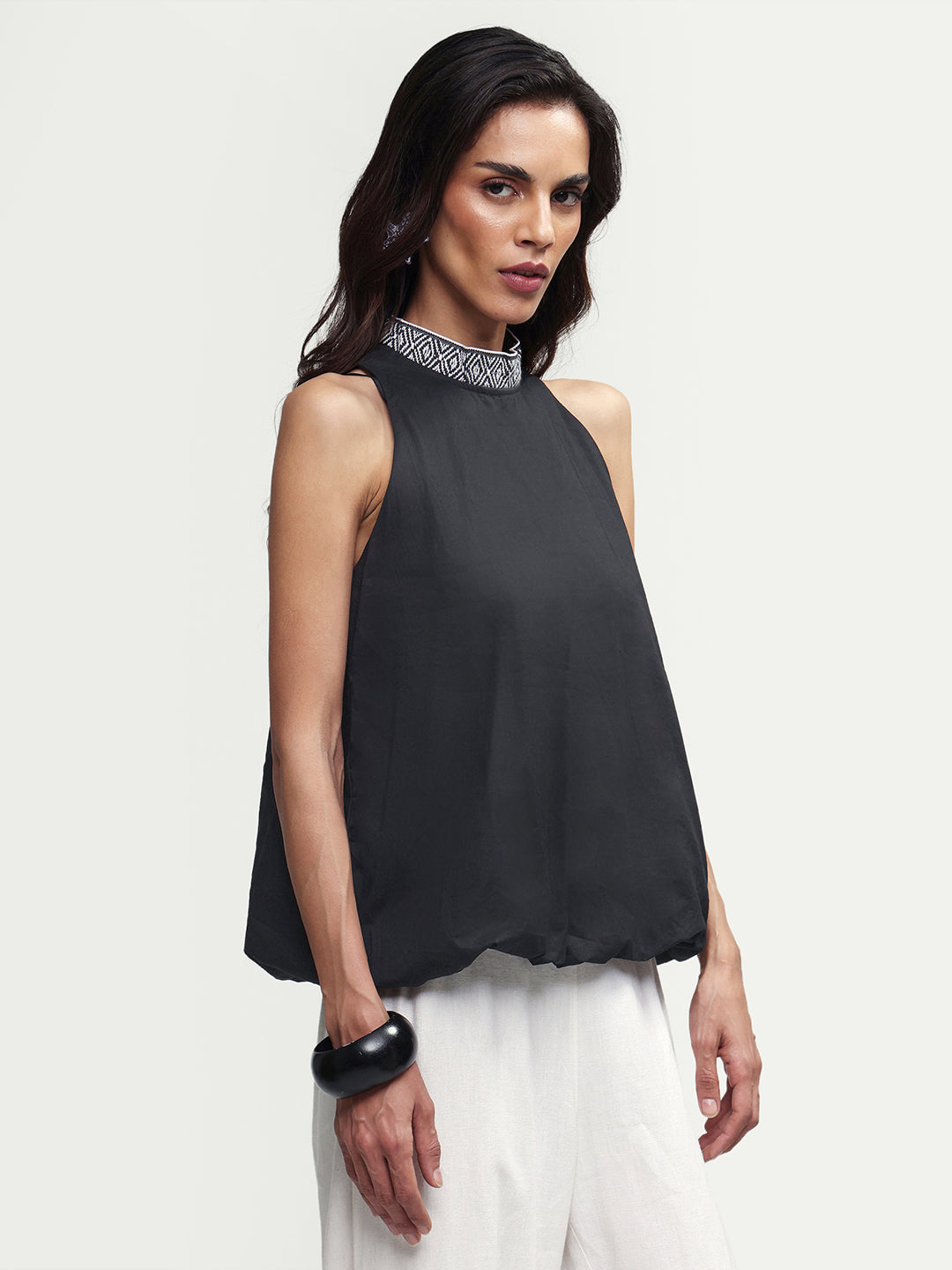Rareism Women's Arezzo-T Black Cotton Mandarin Collar Plain Sleeveless Balloon Top