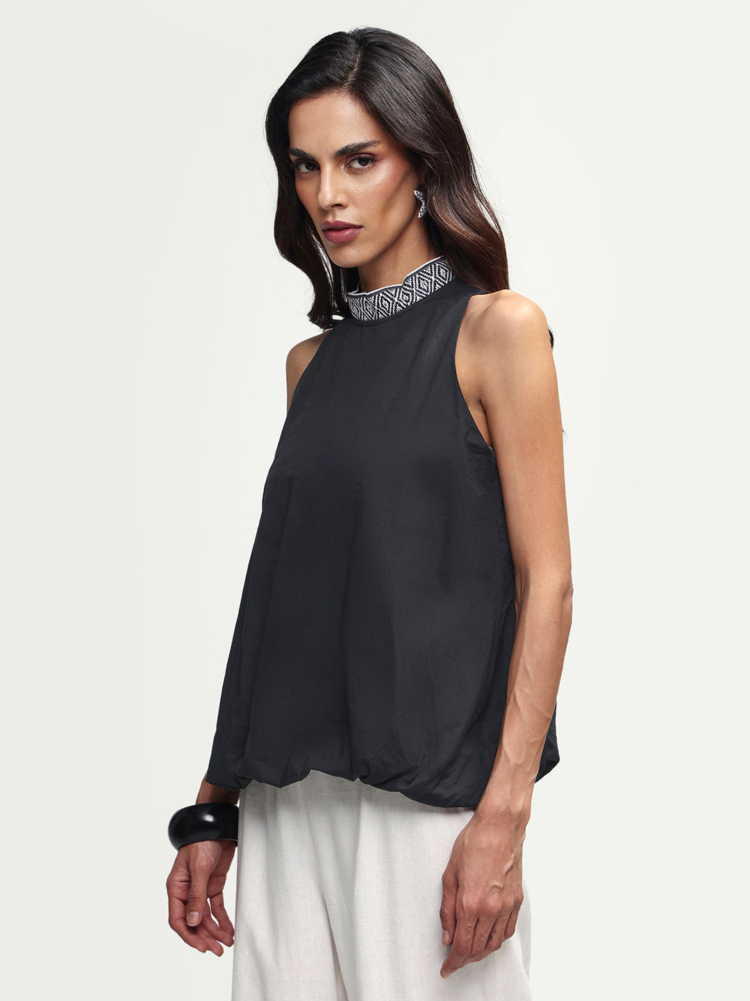 Rareism Women's Arezzo-T Black Cotton Mandarin Collar Plain Sleeveless Balloon Top