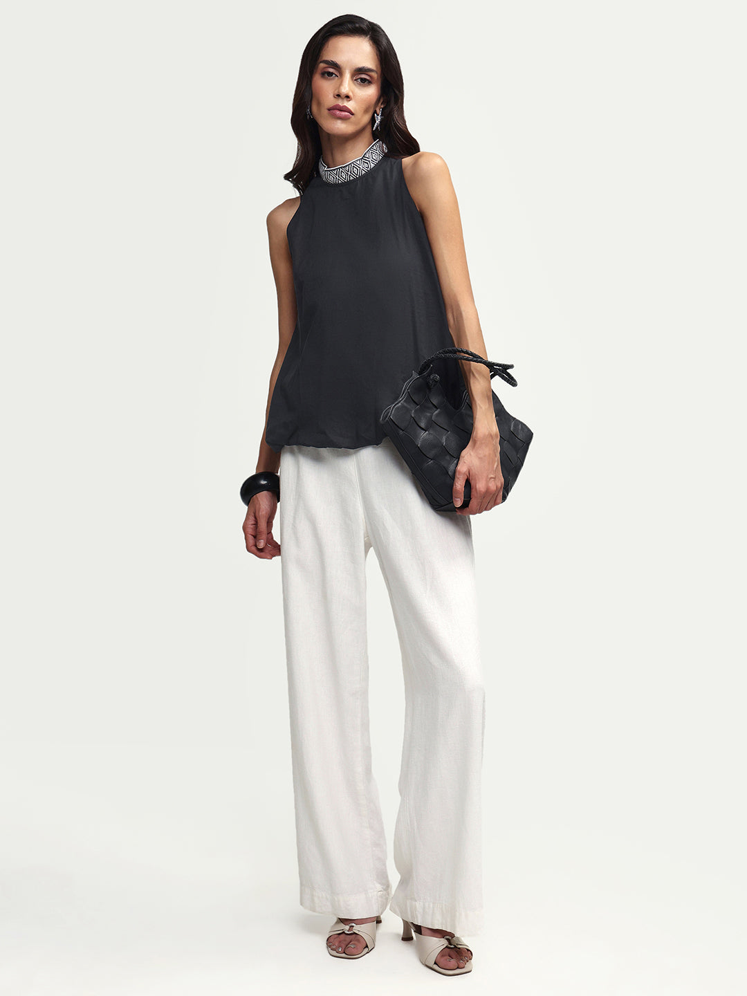 Rareism Women's Arezzo-T Black Cotton Mandarin Collar Plain Sleeveless Balloon Top
