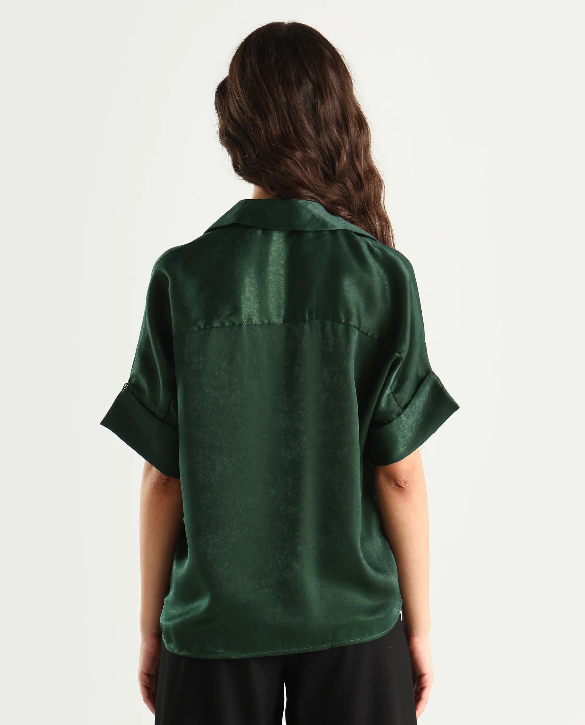 Rareism Women's Lamona-T Dark Green Polyester Drop Collar Plain Extended Sleeves Boxy Fit Top