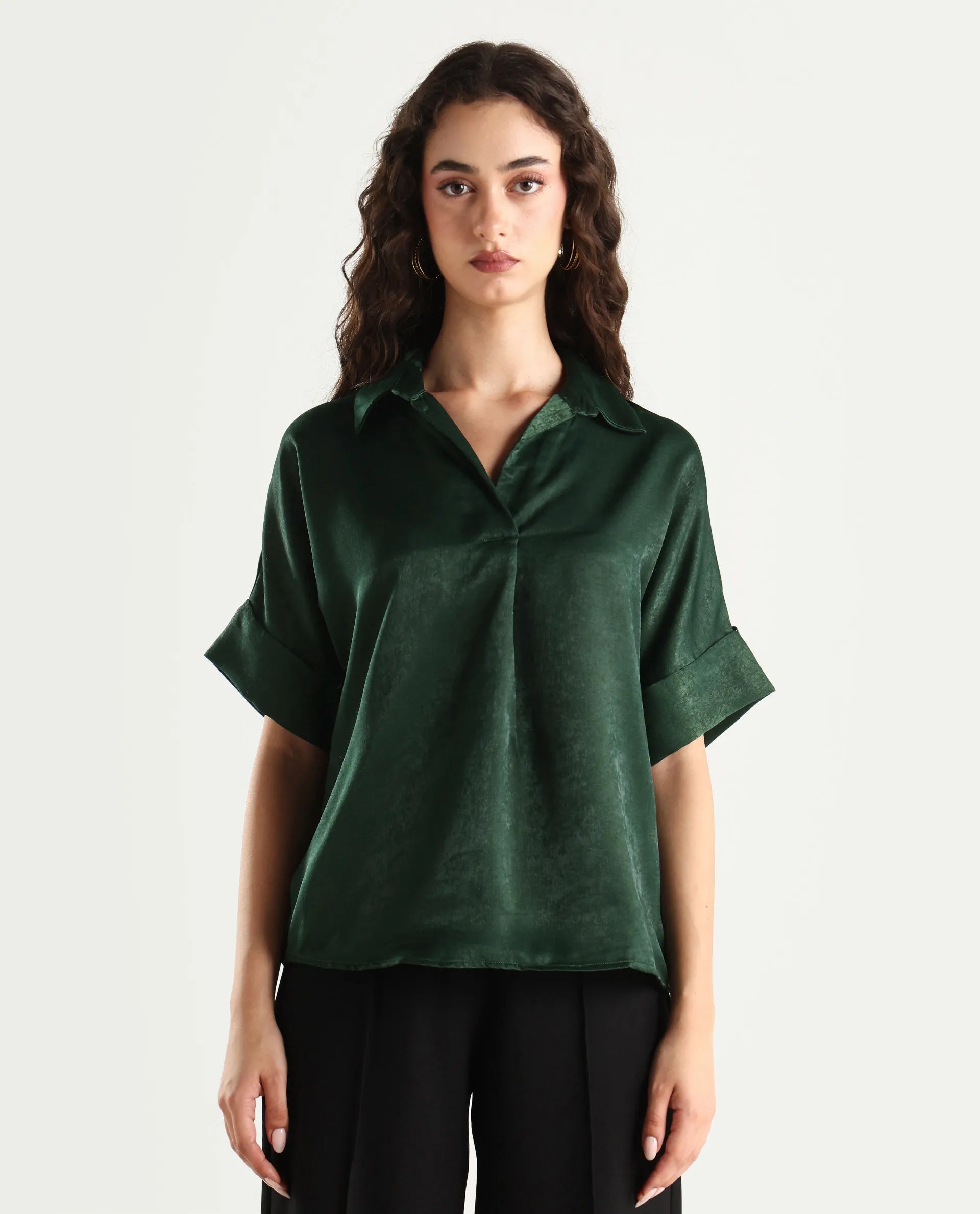 Rareism Women's Lamona-T Dark Green Polyester Drop Collar Plain Extended Sleeves Boxy Fit Top