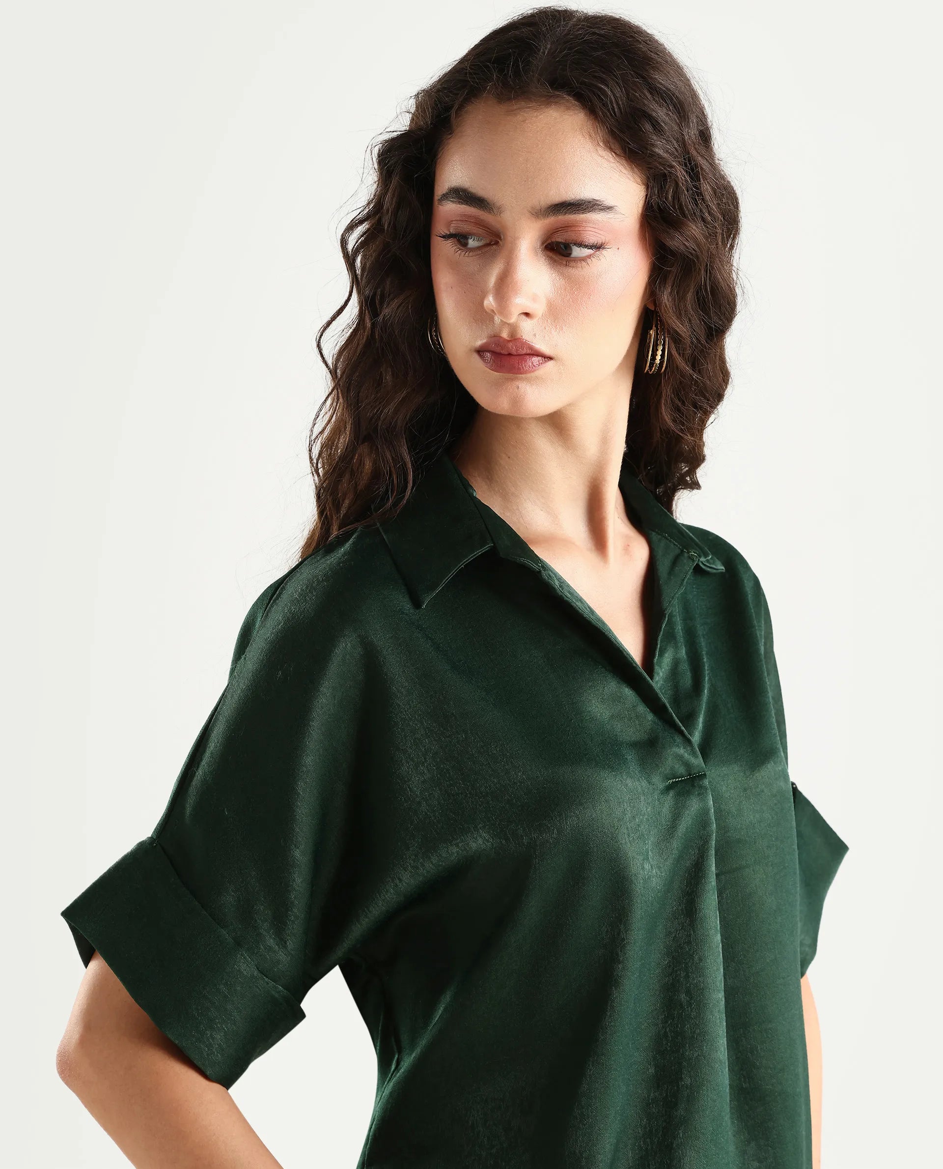 Rareism Women's Lamona-T Dark Green Polyester Drop Collar Plain Extended Sleeves Boxy Fit Top