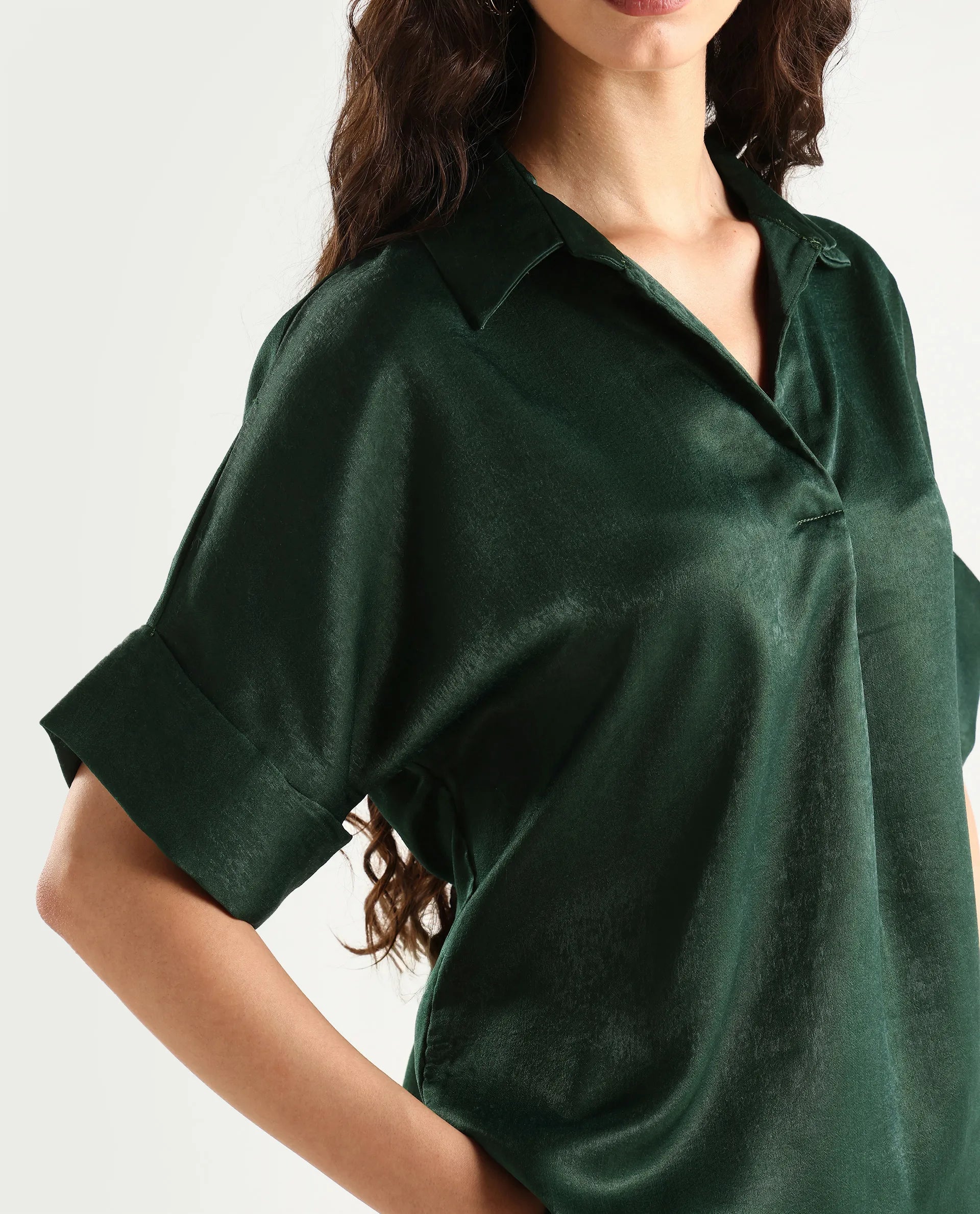 Rareism Women's Lamona-T Dark Green Polyester Drop Collar Plain Extended Sleeves Boxy Fit Top